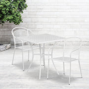 Oia Commercial Grade 28" Square White Indoor-Outdoor Steel Patio Table Set with 2 Round Back Chairs