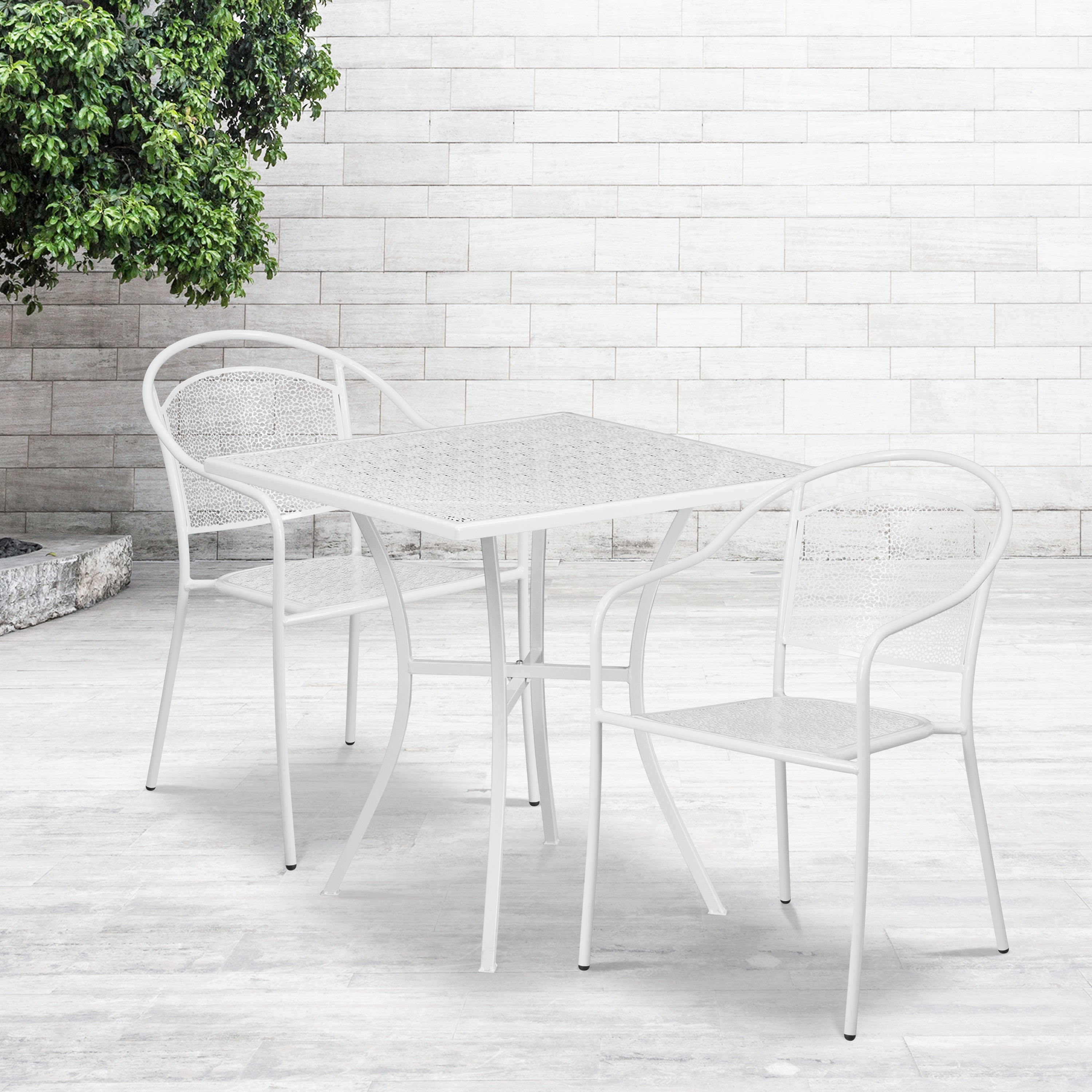 Oia Commercial Grade 28" Square White Indoor-Outdoor Steel Patio Table Set with 2 Round Back Chairs