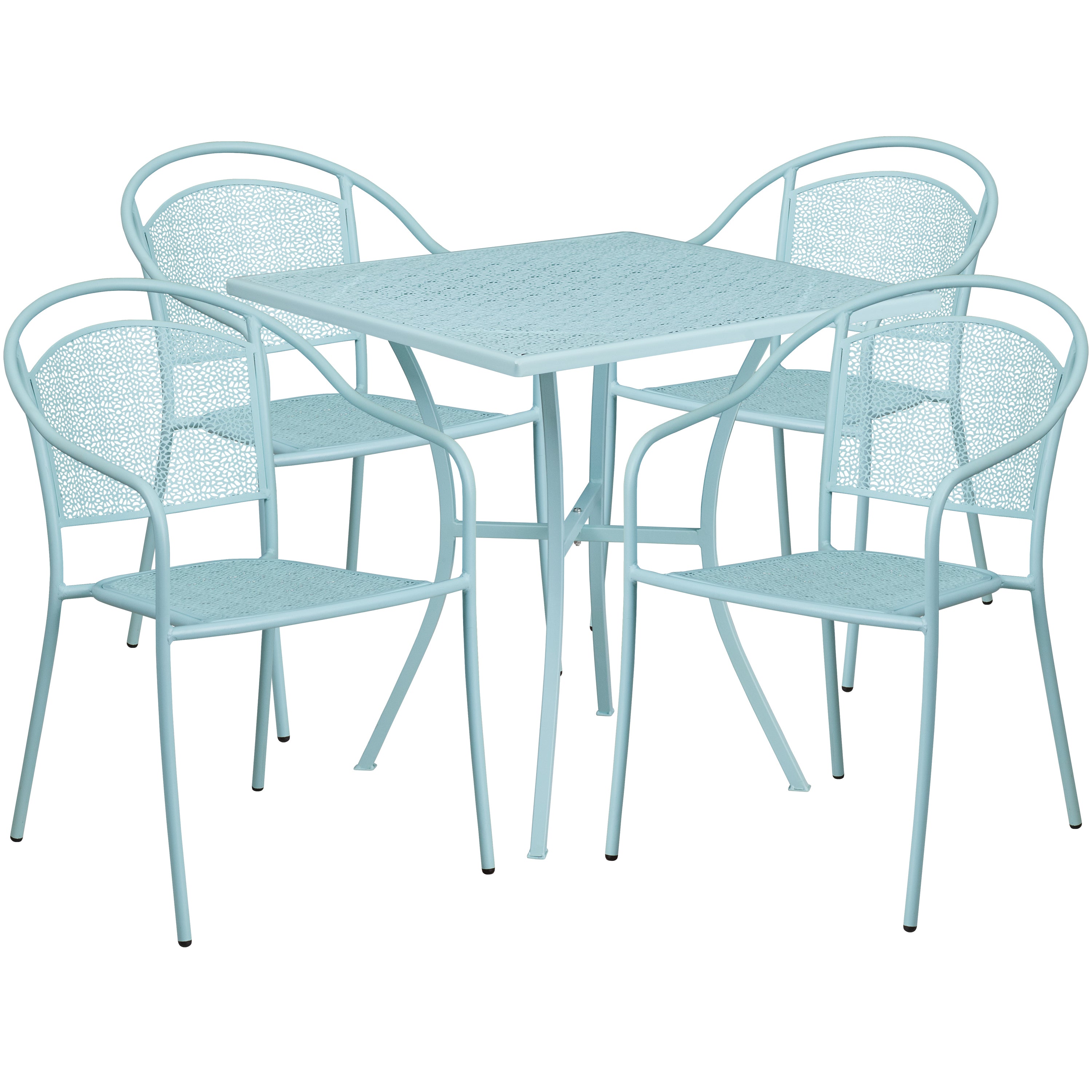 Oia Commercial Grade 28" Square Sky Blue Indoor-Outdoor Steel Patio Table Set with 4 Round Back Chairs