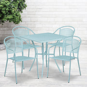 Oia Commercial Grade 28" Square Sky Blue Indoor-Outdoor Steel Patio Table Set with 4 Round Back Chairs