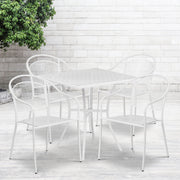 Oia Commercial Grade 28" Square White Indoor-Outdoor Steel Patio Table Set with 4 Round Back Chairs