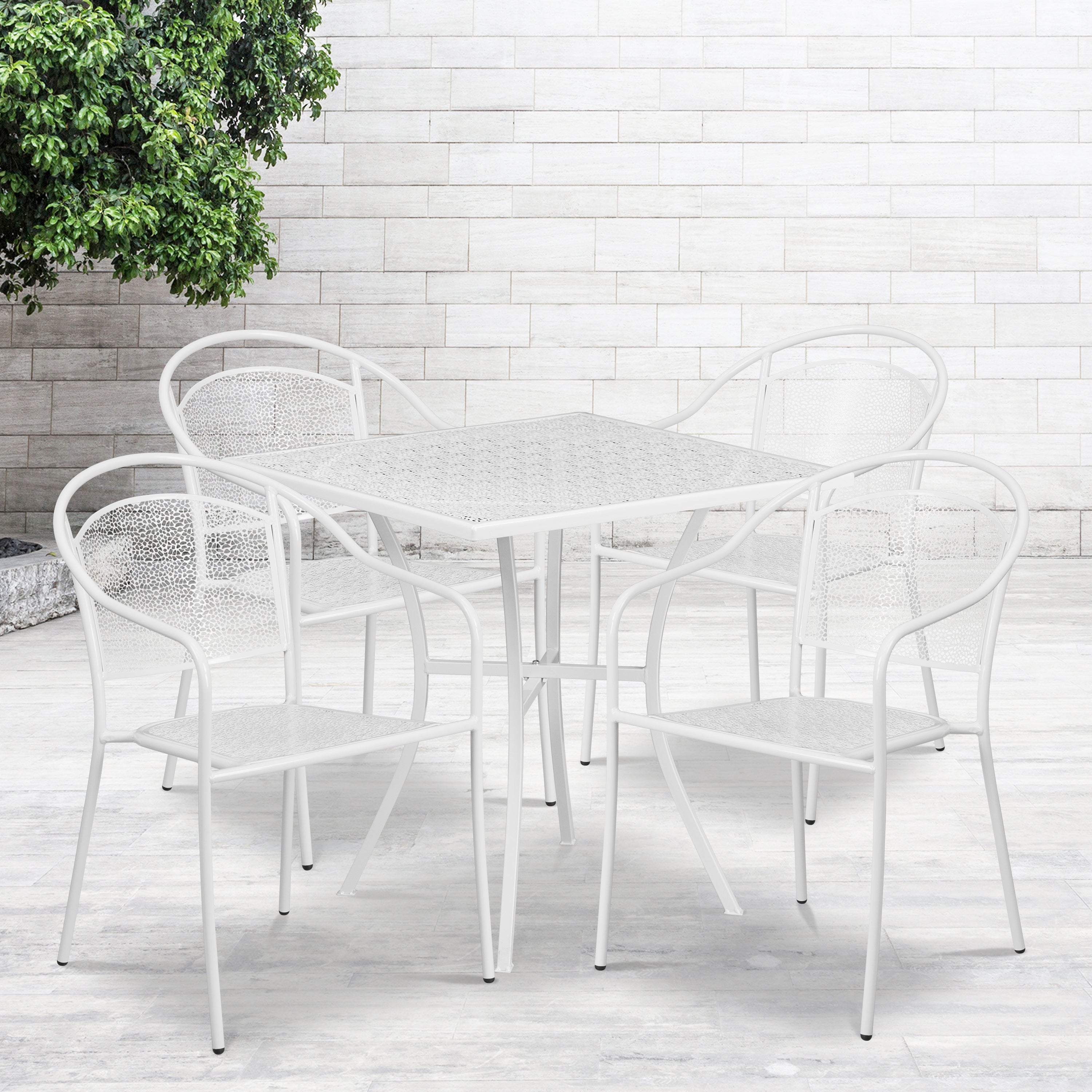 Oia Commercial Grade 28" Square White Indoor-Outdoor Steel Patio Table Set with 4 Round Back Chairs