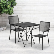 Oia Commercial Grade 28" Square Black Indoor-Outdoor Steel Folding Patio Table Set with 2 Square Back Chairs