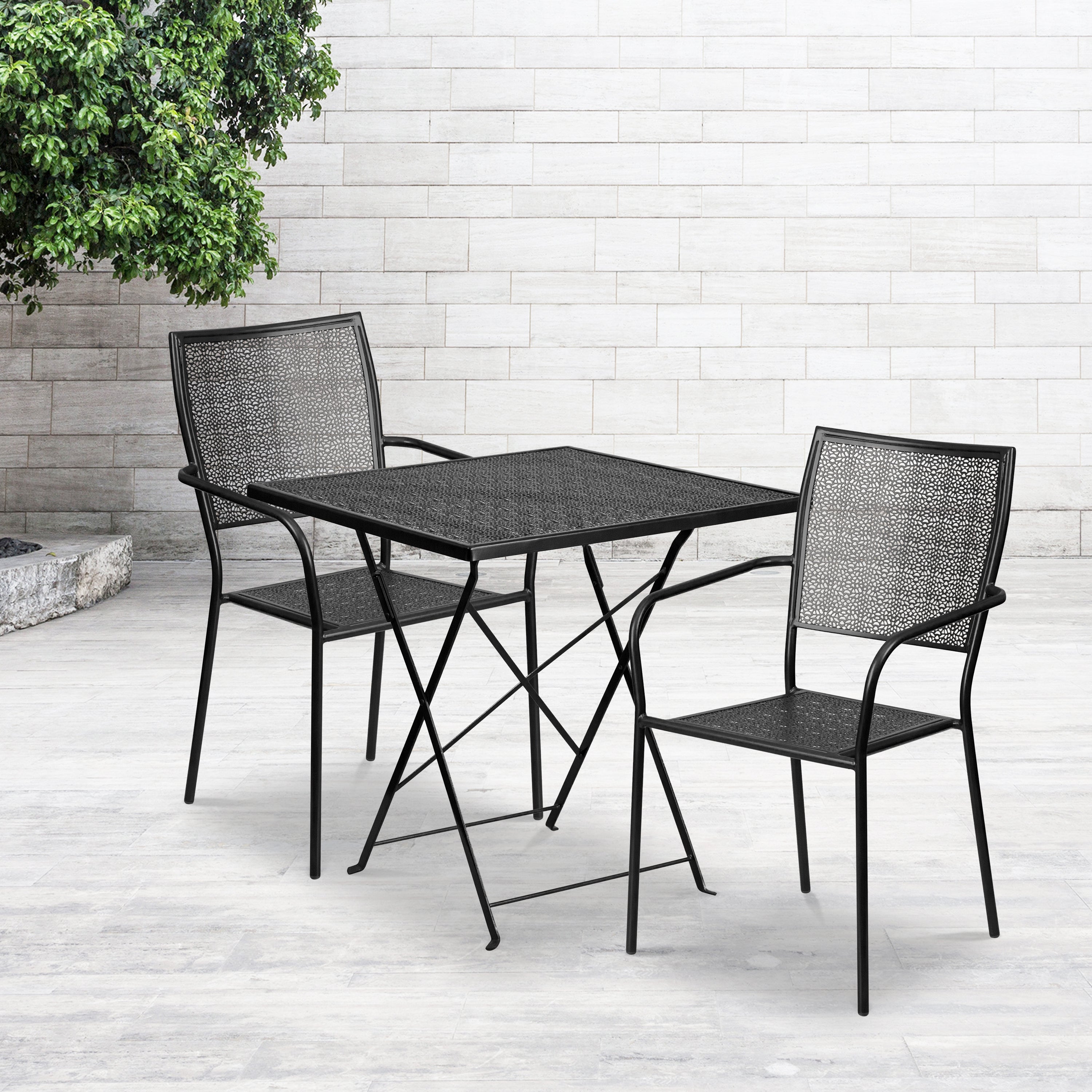 Oia Commercial Grade 28" Square Black Indoor-Outdoor Steel Folding Patio Table Set with 2 Square Back Chairs