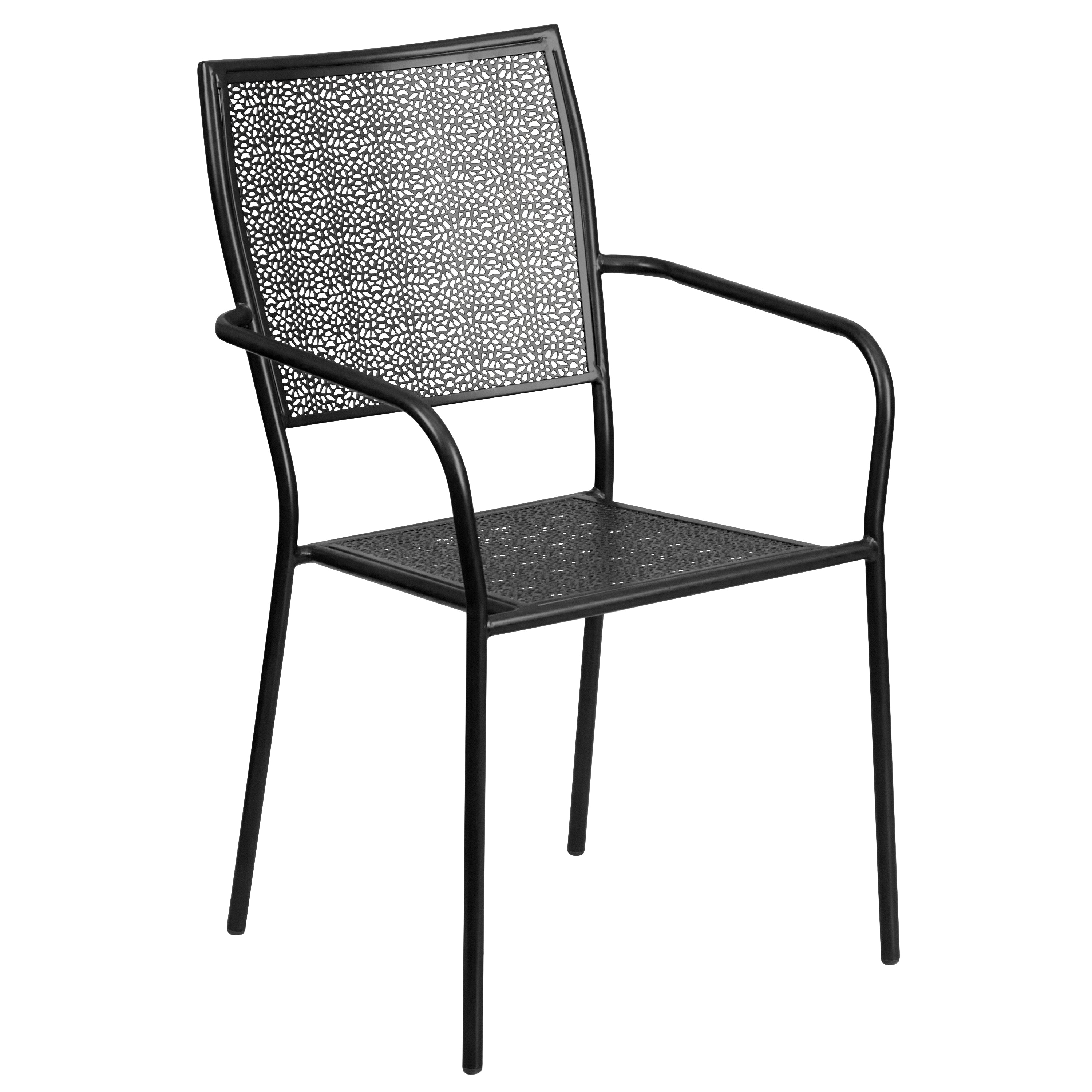 Oia Commercial Grade 28" Square Black Indoor-Outdoor Steel Folding Patio Table Set with 2 Square Back Chairs