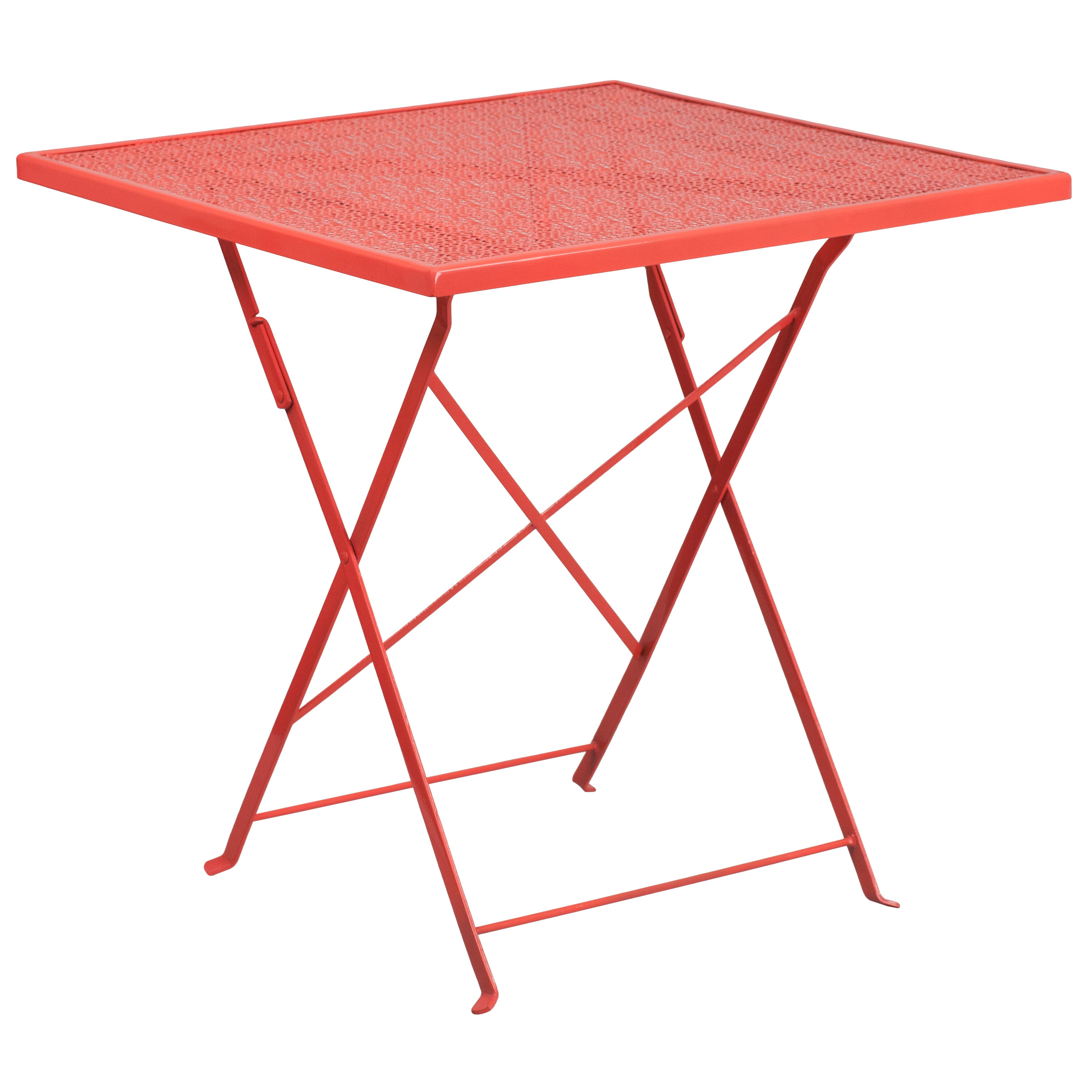 Oia Commercial Grade 28" Square Coral Indoor-Outdoor Steel Folding Patio Table Set with 2 Square Back Chairs