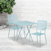 Oia Commercial Grade 28" Square Sky Blue Indoor-Outdoor Steel Folding Patio Table Set with 2 Square Back Chairs