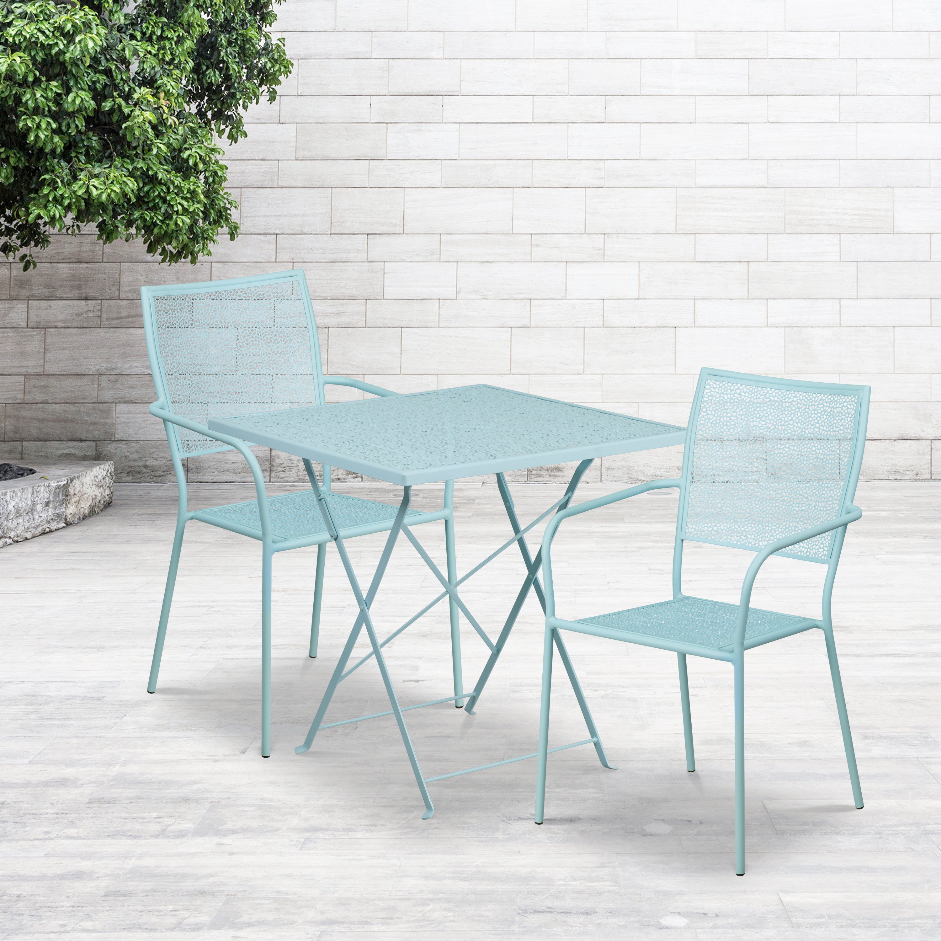 Oia Commercial Grade 28" Square Sky Blue Indoor-Outdoor Steel Folding Patio Table Set with 2 Square Back Chairs