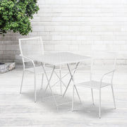 Oia Commercial Grade 28" Square White Indoor-Outdoor Steel Folding Patio Table Set with 2 Square Back Chairs