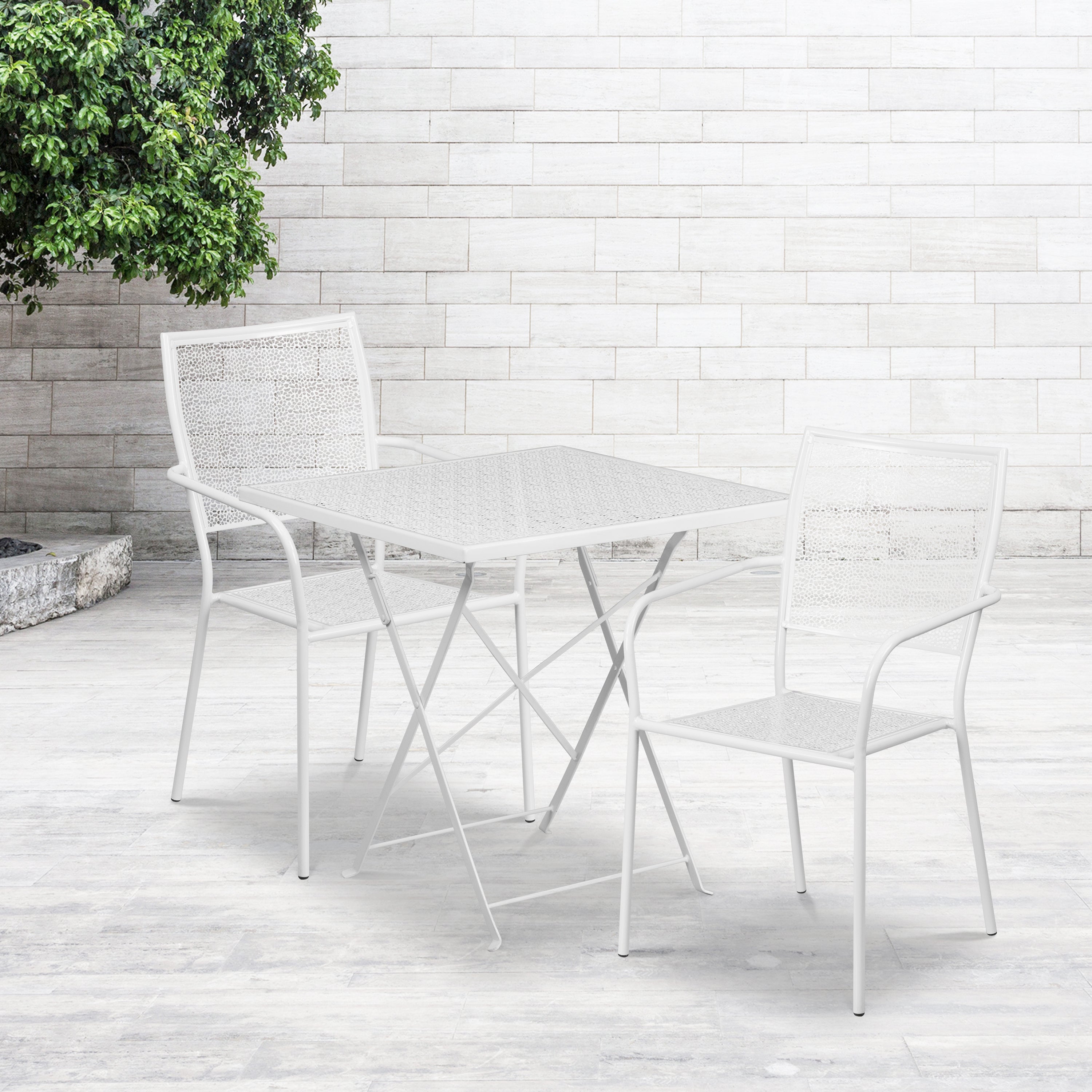 Oia Commercial Grade 28" Square White Indoor-Outdoor Steel Folding Patio Table Set with 2 Square Back Chairs