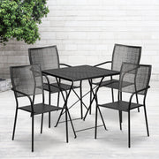 Oia Commercial Grade 28" Square Black Indoor-Outdoor Steel Folding Patio Table Set with 4 Square Back Chairs