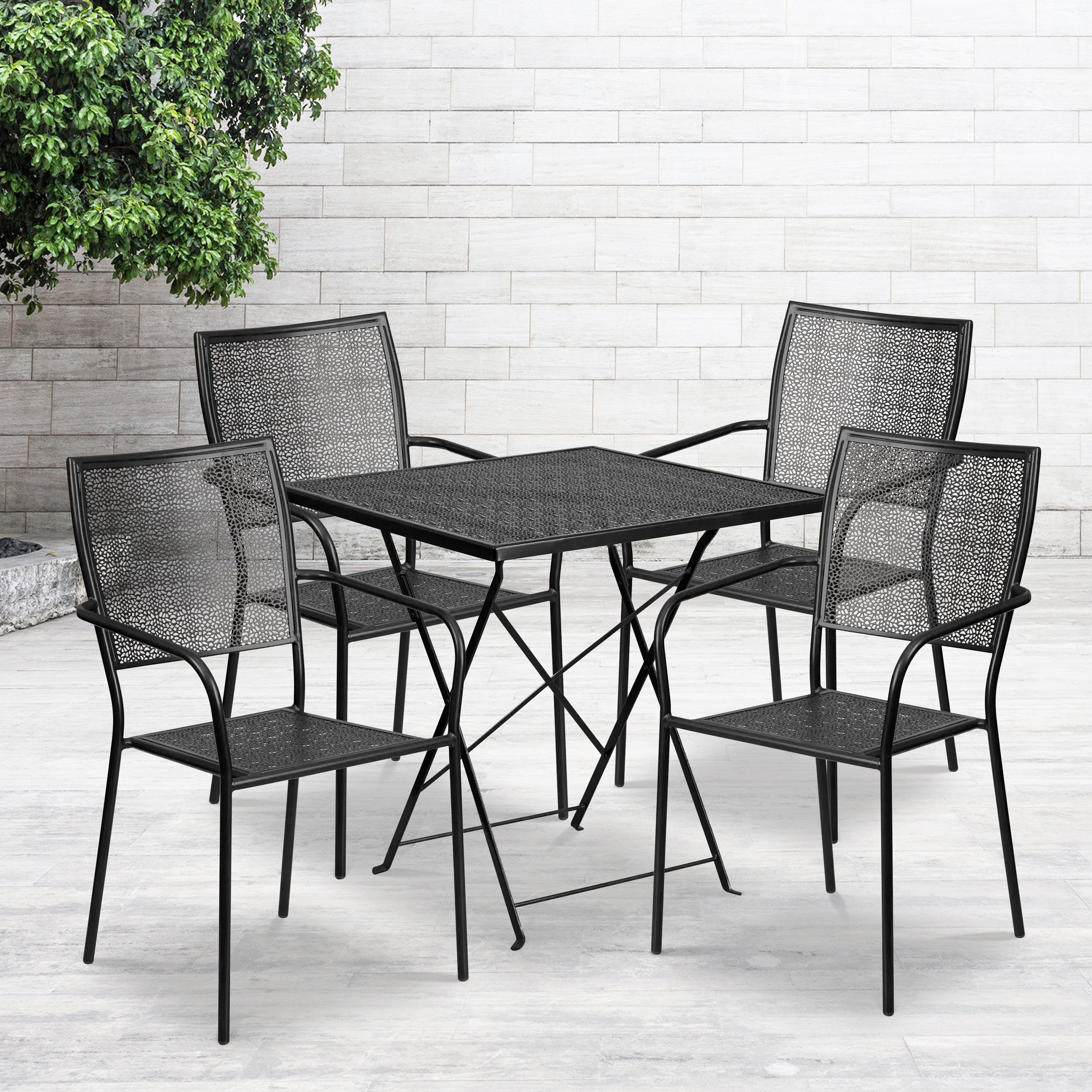Oia Commercial Grade 28" Square Black Indoor-Outdoor Steel Folding Patio Table Set with 4 Square Back Chairs