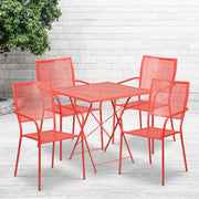 Oia Commercial Grade 28" Square Coral Indoor-Outdoor Steel Folding Patio Table Set with 4 Square Back Chairs