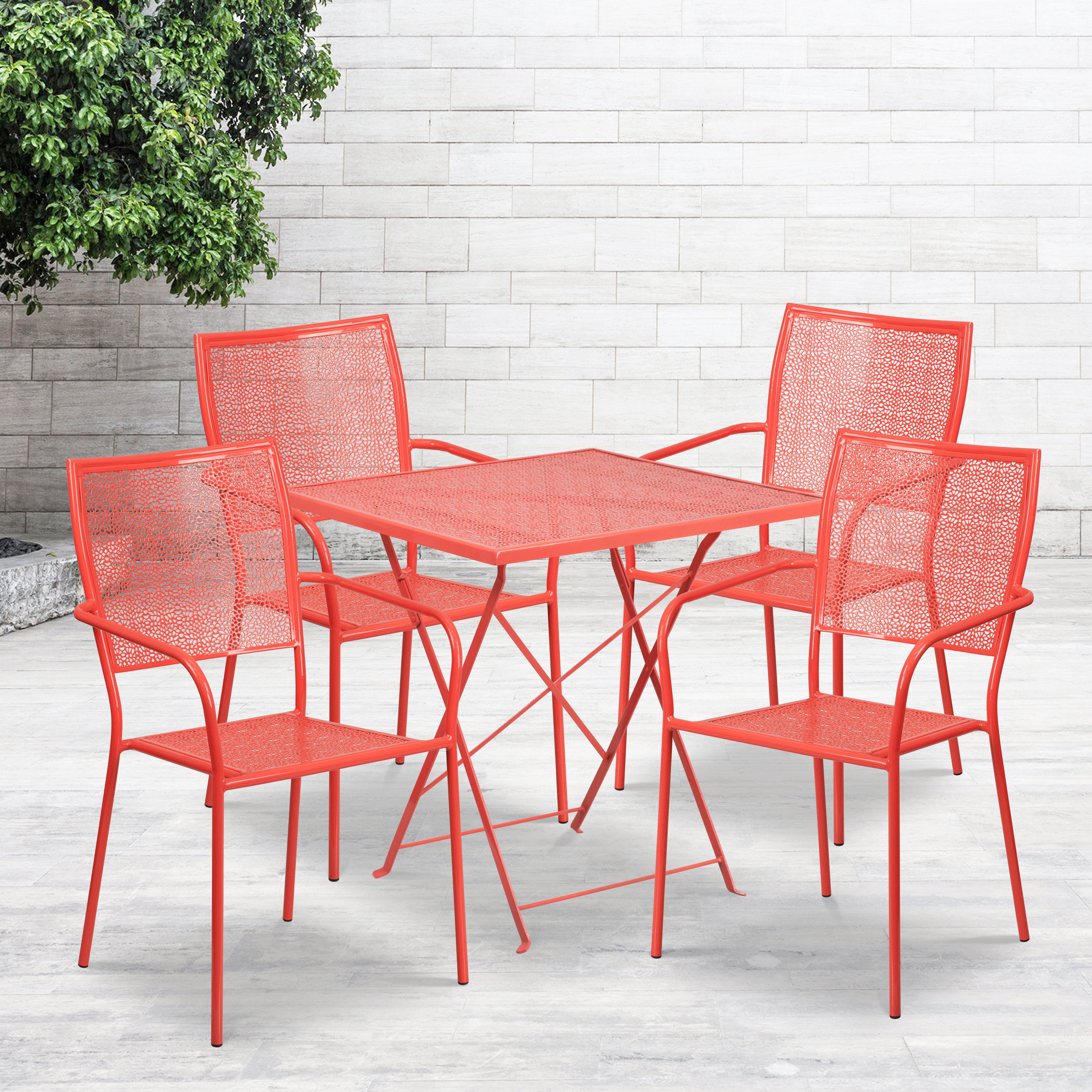 Oia Commercial Grade 28" Square Coral Indoor-Outdoor Steel Folding Patio Table Set with 4 Square Back Chairs