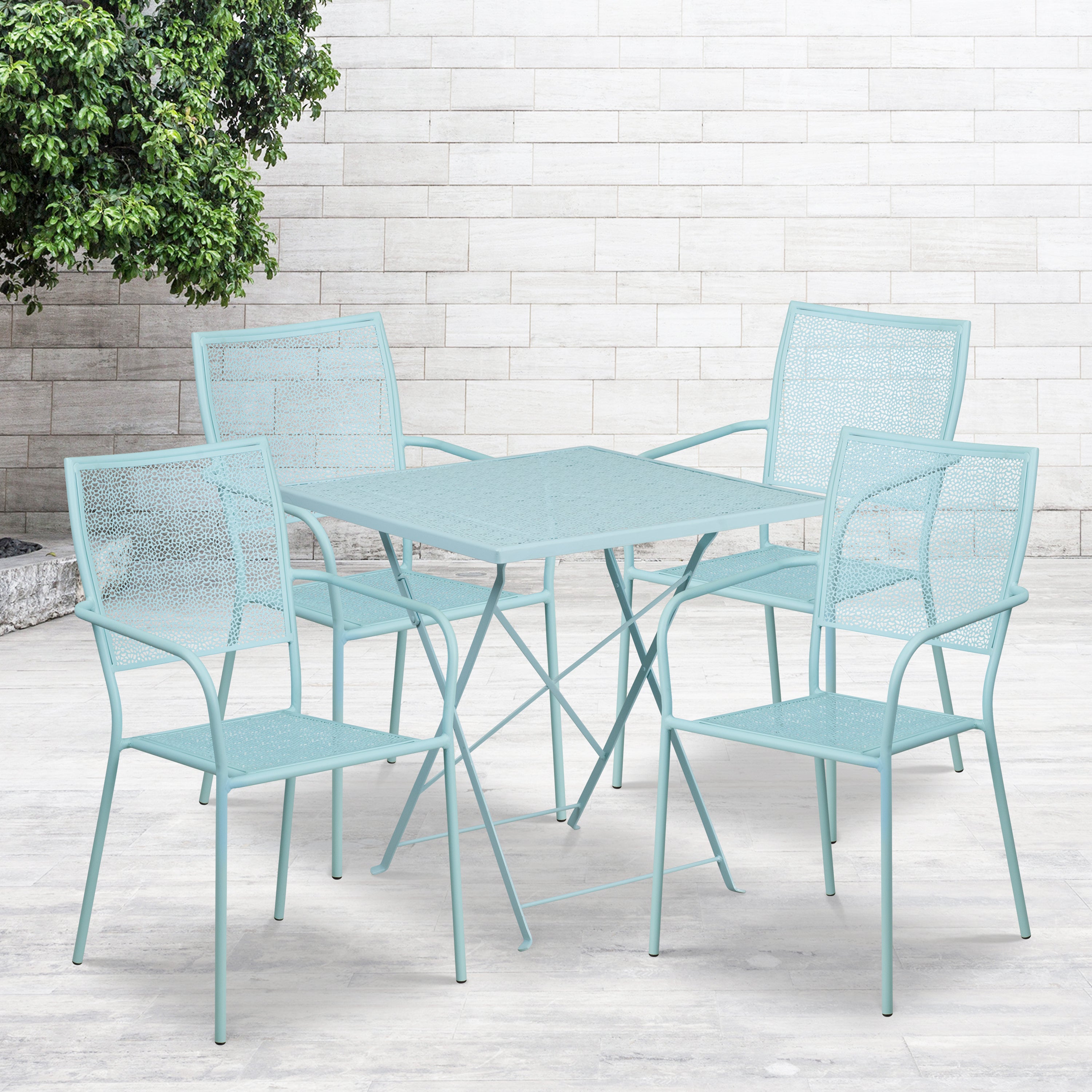 Oia Commercial Grade 28" Square Sky Blue Indoor-Outdoor Steel Folding Patio Table Set with 4 Square Back Chairs