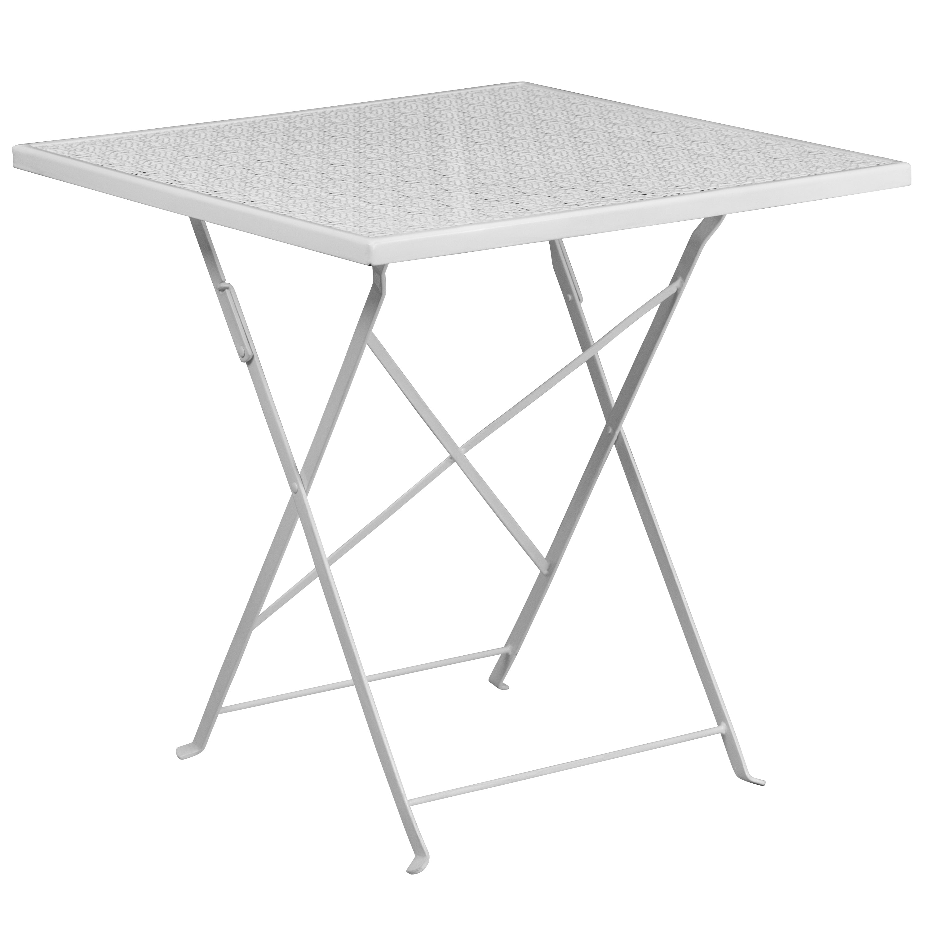 Oia Commercial Grade 28" Square White Indoor-Outdoor Steel Folding Patio Table Set with 4 Square Back Chairs