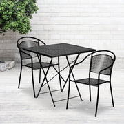 Oia Commercial Grade 28" Square Black Indoor-Outdoor Steel Folding Patio Table Set with 2 Round Back Chairs