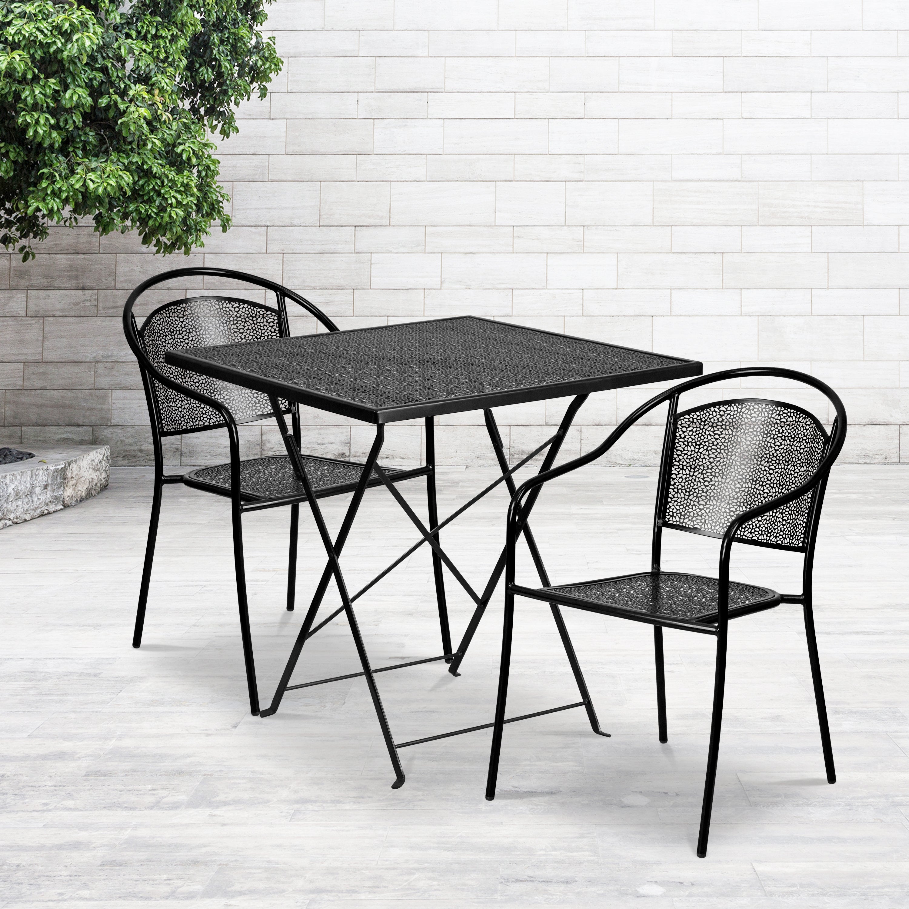 Oia Commercial Grade 28" Square Black Indoor-Outdoor Steel Folding Patio Table Set with 2 Round Back Chairs