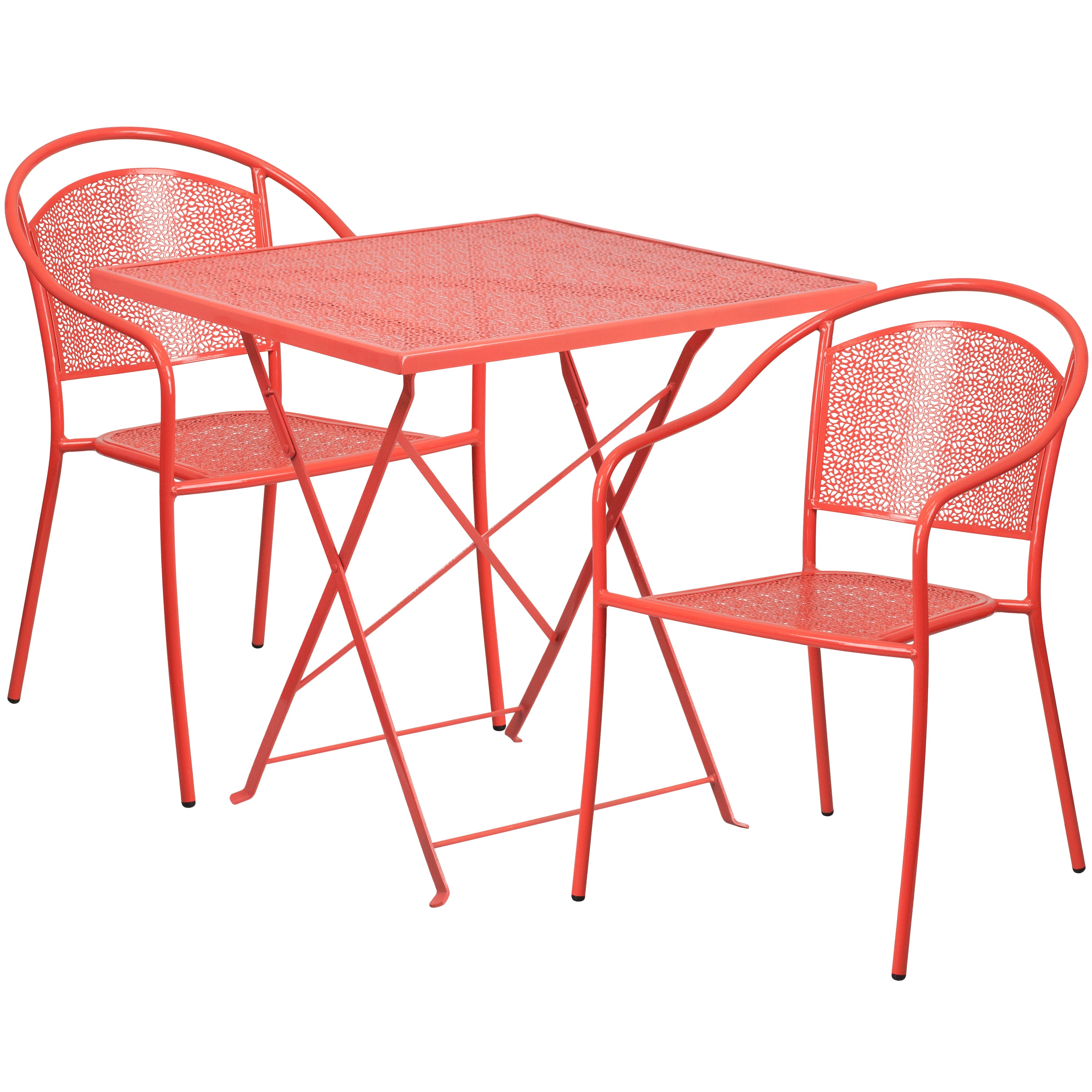 Oia Commercial Grade 28" Square Coral Indoor-Outdoor Steel Folding Patio Table Set with 2 Round Back Chairs