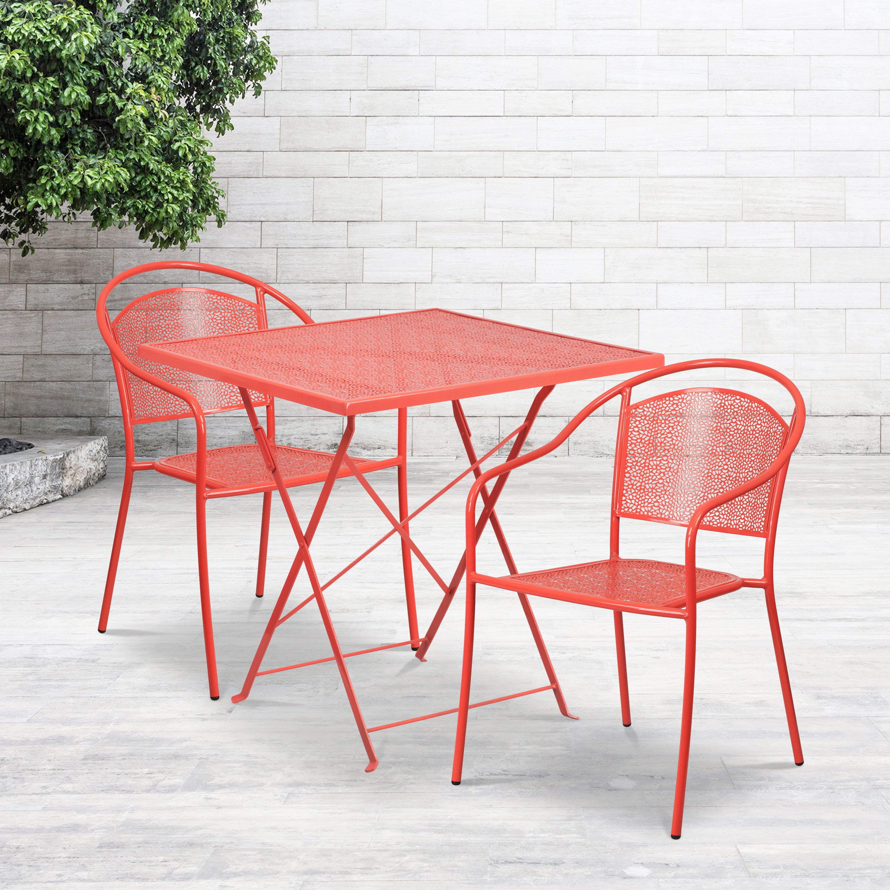 Oia Commercial Grade 28" Square Coral Indoor-Outdoor Steel Folding Patio Table Set with 2 Round Back Chairs