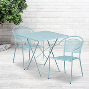 Oia Commercial Grade 28" Square Sky Blue Indoor-Outdoor Steel Folding Patio Table Set with 2 Round Back Chairs