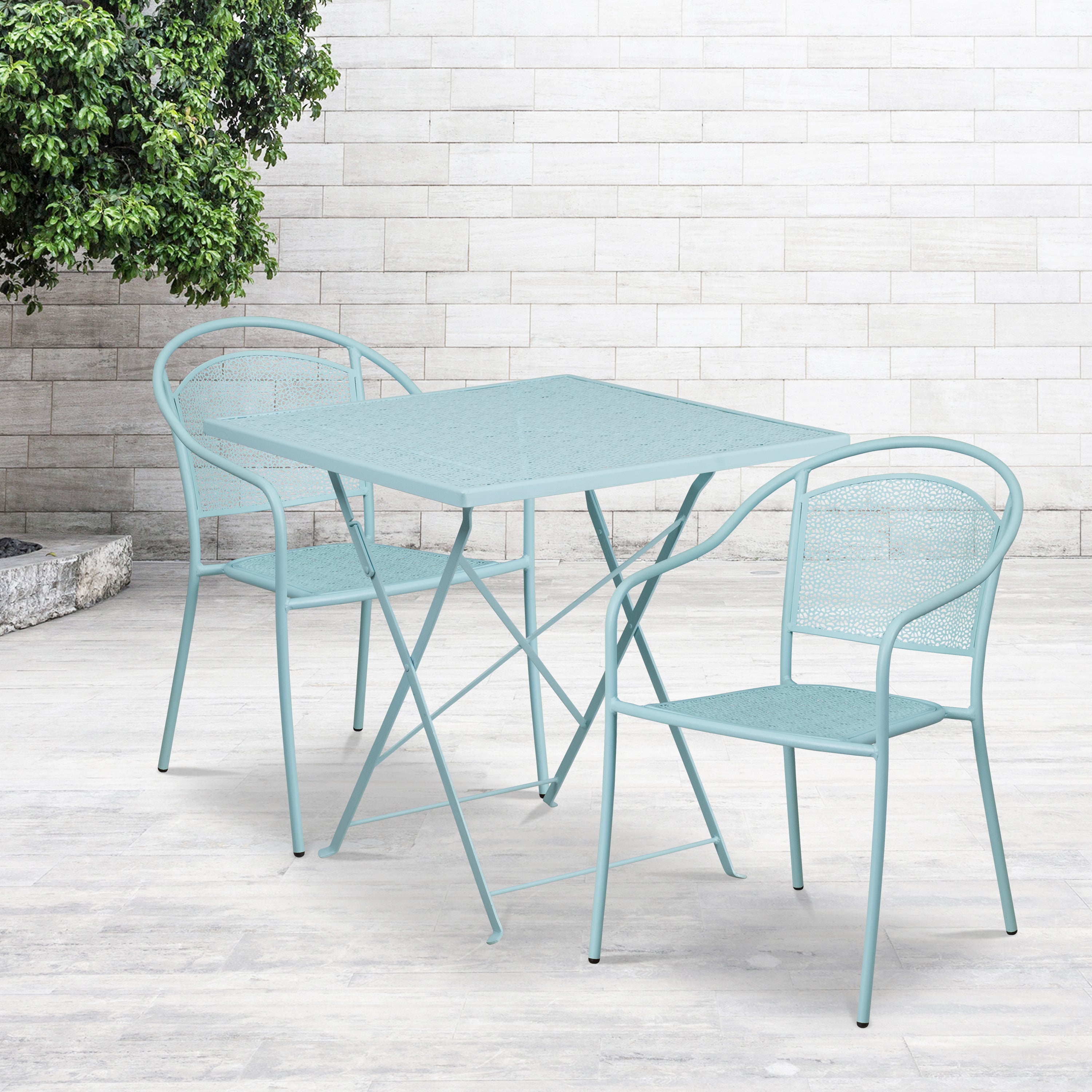 Oia Commercial Grade 28" Square Sky Blue Indoor-Outdoor Steel Folding Patio Table Set with 2 Round Back Chairs
