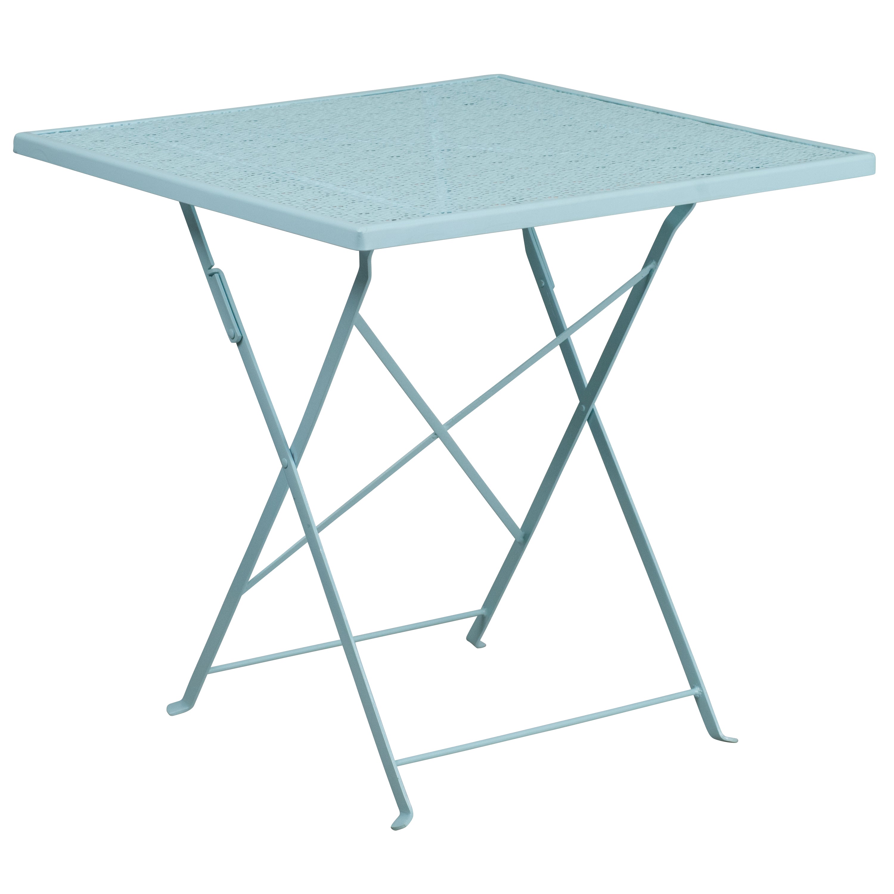 Oia Commercial Grade 28" Square Sky Blue Indoor-Outdoor Steel Folding Patio Table Set with 2 Round Back Chairs