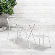 Oia Commercial Grade 28" Square White Indoor-Outdoor Steel Folding Patio Table Set with 2 Round Back Chairs