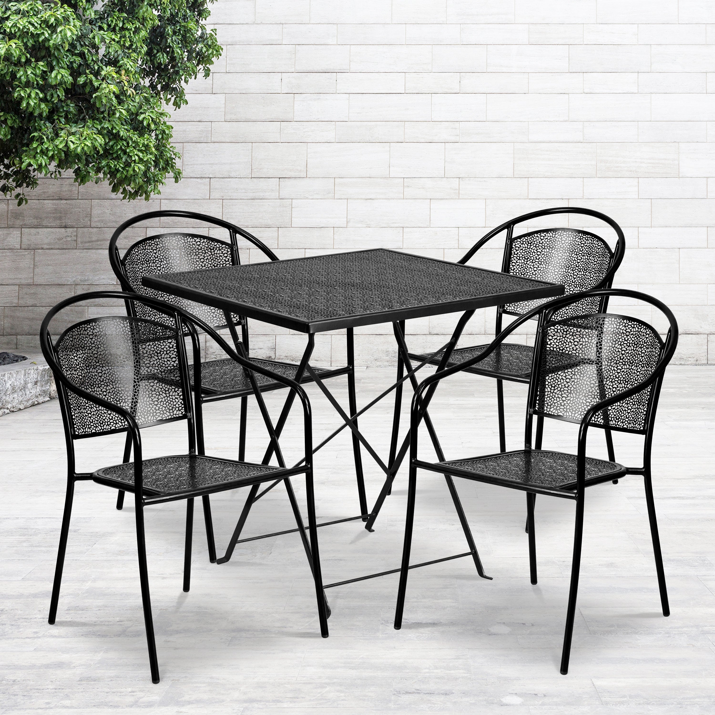 Oia Commercial Grade 28" Square Black Indoor-Outdoor Steel Folding Patio Table Set with 4 Round Back Chairs