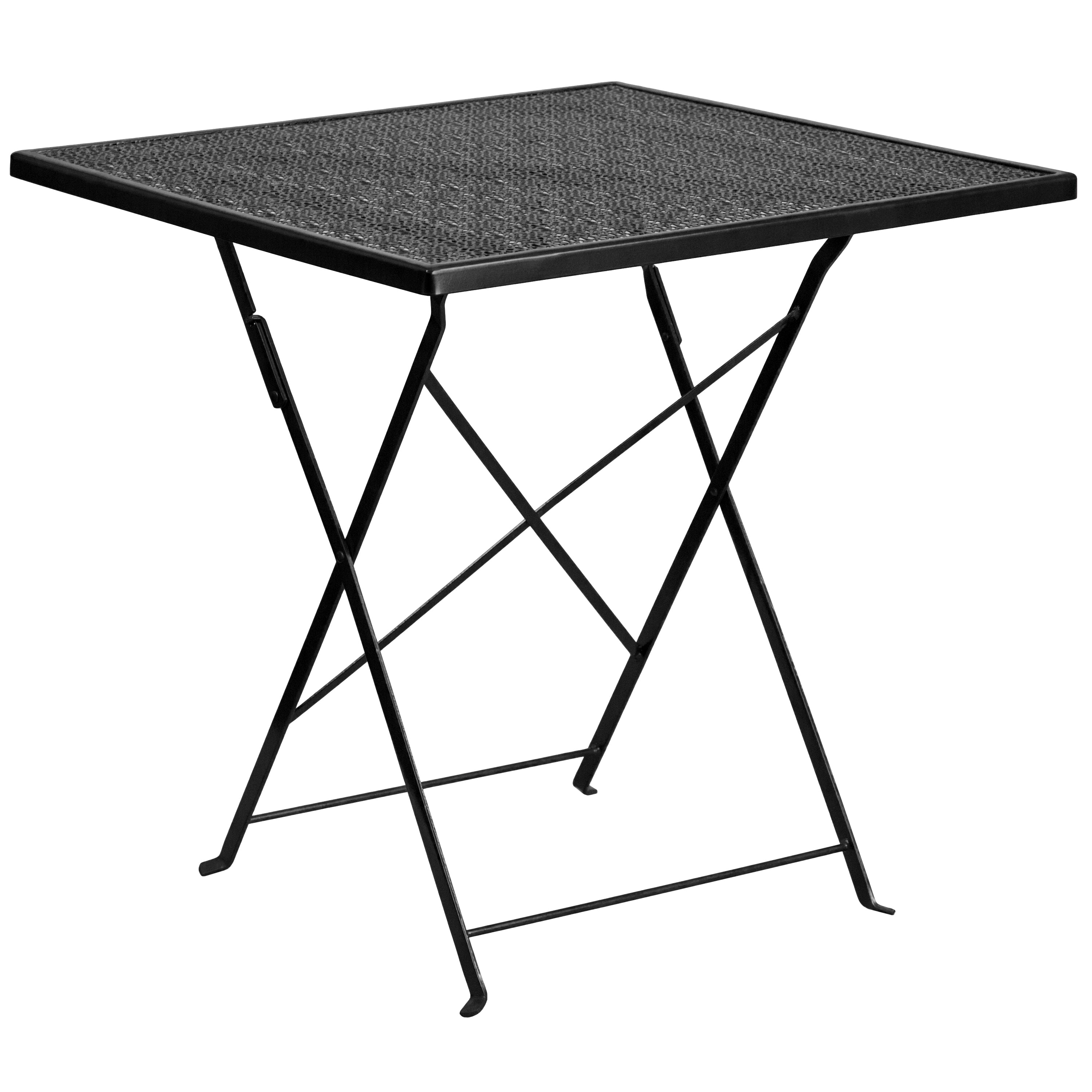 Oia Commercial Grade 28" Square Black Indoor-Outdoor Steel Folding Patio Table Set with 4 Round Back Chairs