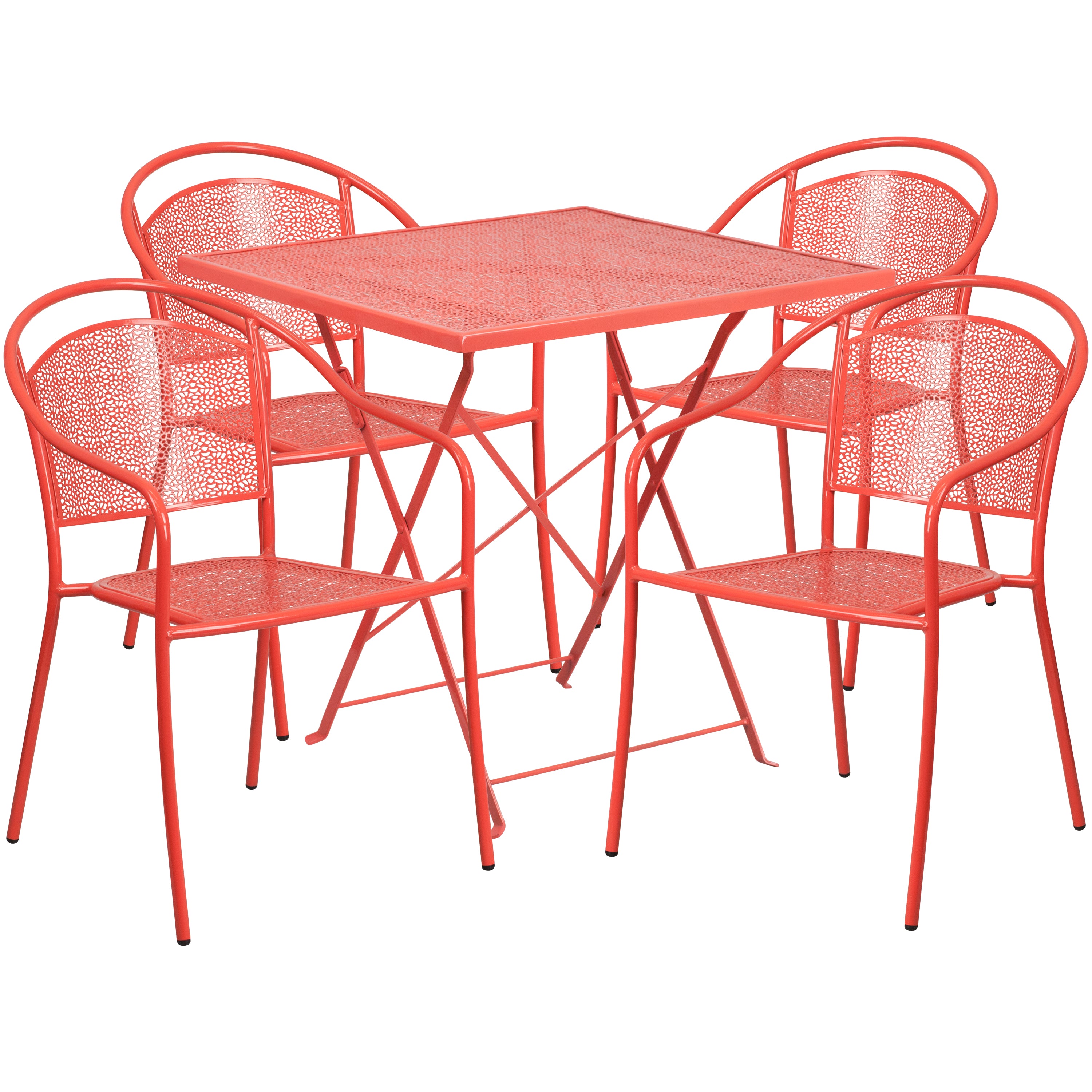 Oia Commercial Grade 28" Square Coral Indoor-Outdoor Steel Folding Patio Table Set with 4 Round Back Chairs