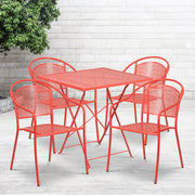 Oia Commercial Grade 28" Square Coral Indoor-Outdoor Steel Folding Patio Table Set with 4 Round Back Chairs
