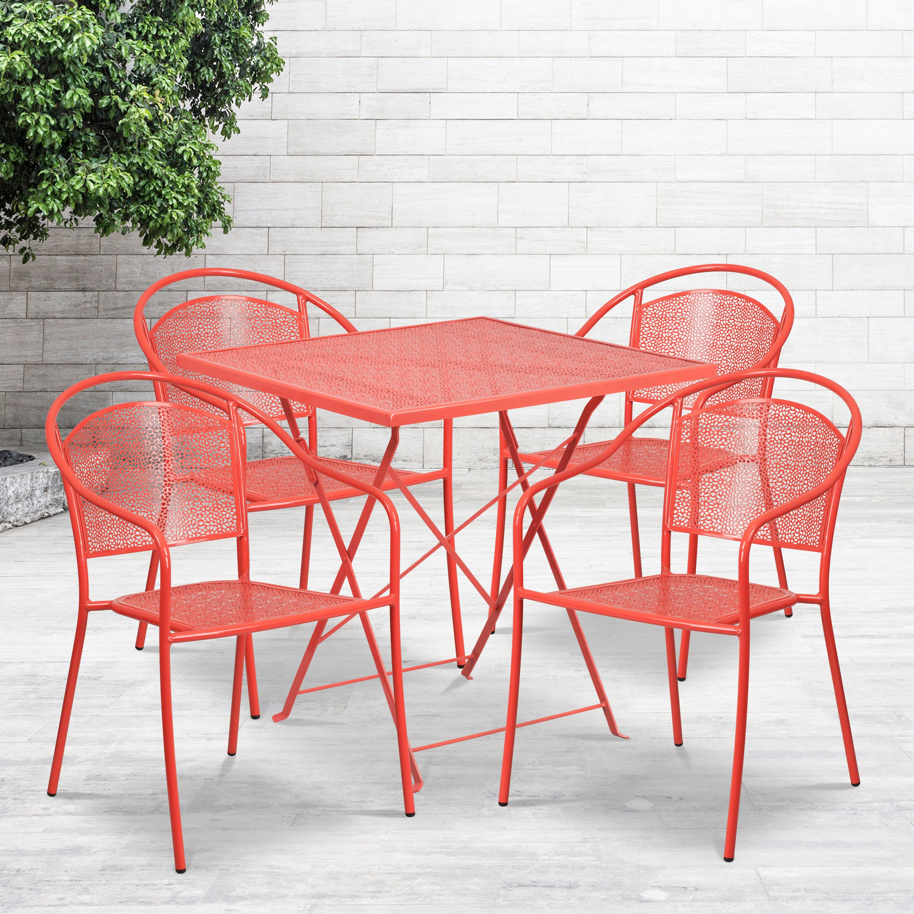 Oia Commercial Grade 28" Square Coral Indoor-Outdoor Steel Folding Patio Table Set with 4 Round Back Chairs