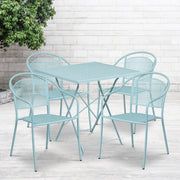 Oia Commercial Grade 28" Square Sky Blue Indoor-Outdoor Steel Folding Patio Table Set with 4 Round Back Chairs