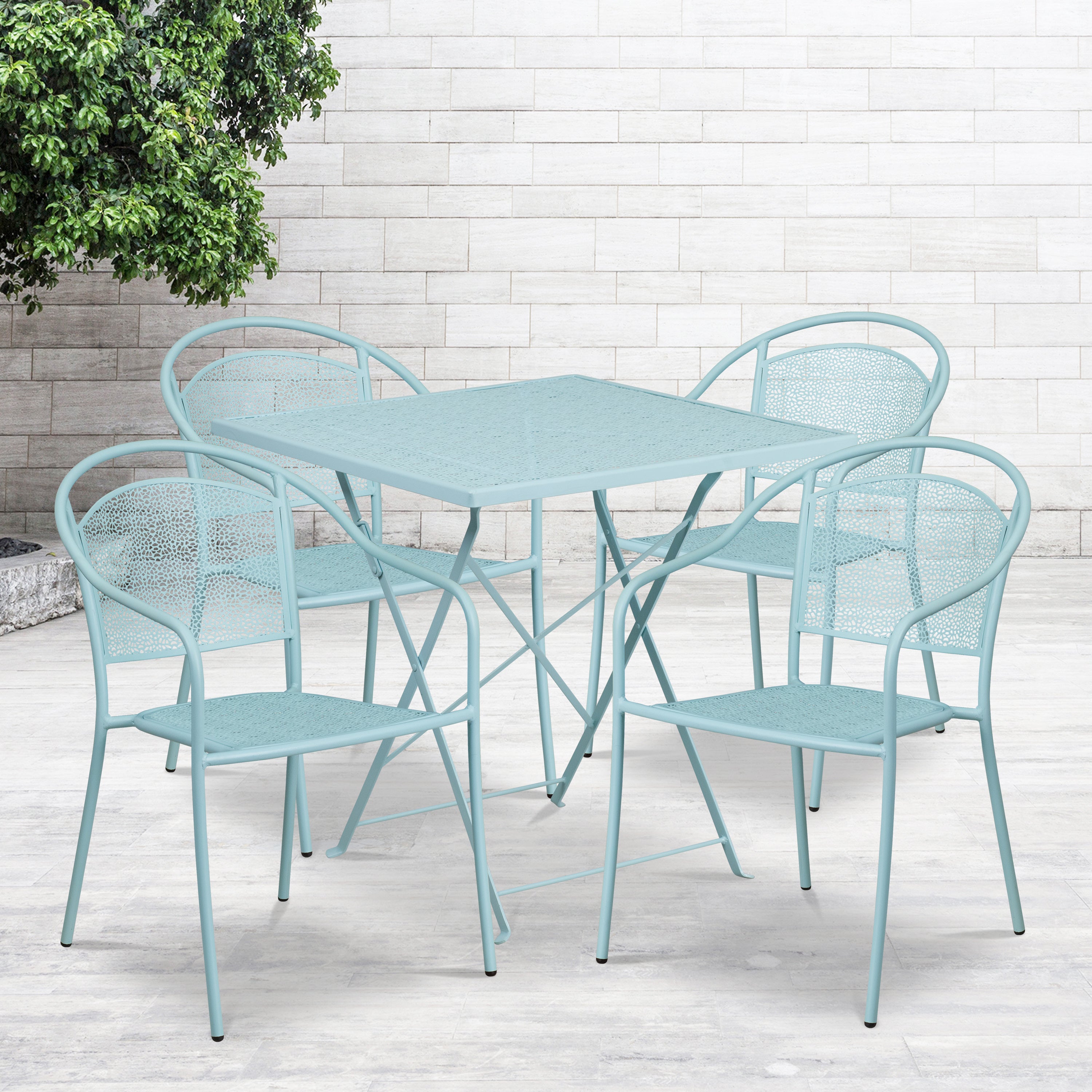 Oia Commercial Grade 28" Square Sky Blue Indoor-Outdoor Steel Folding Patio Table Set with 4 Round Back Chairs