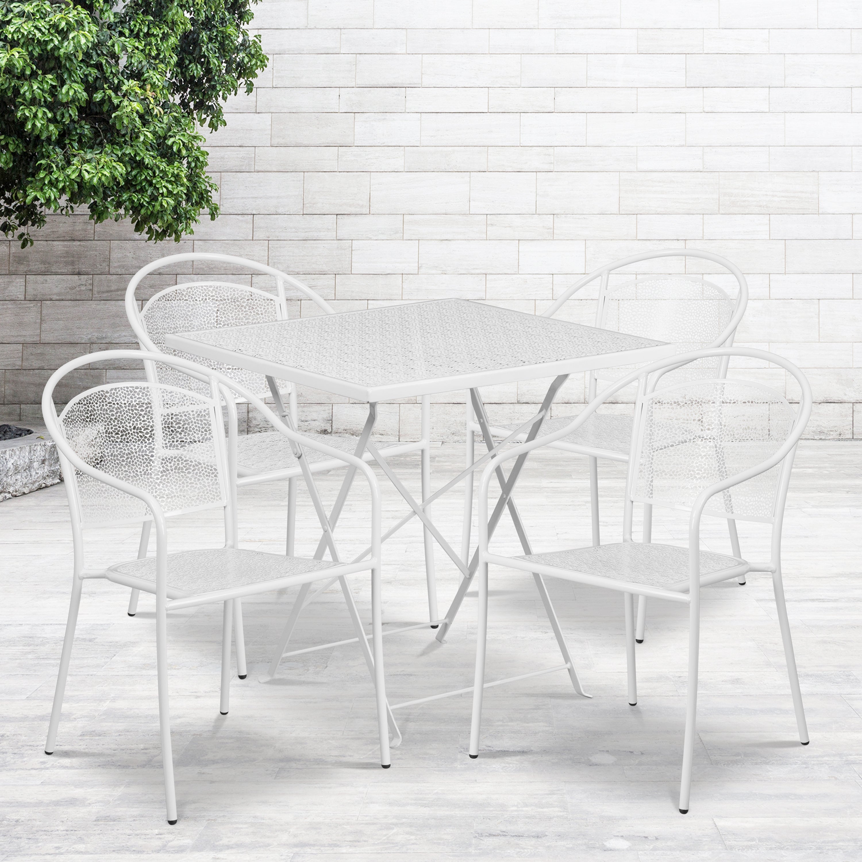 Oia Commercial Grade 28" Square White Indoor-Outdoor Steel Folding Patio Table Set with 4 Round Back Chairs