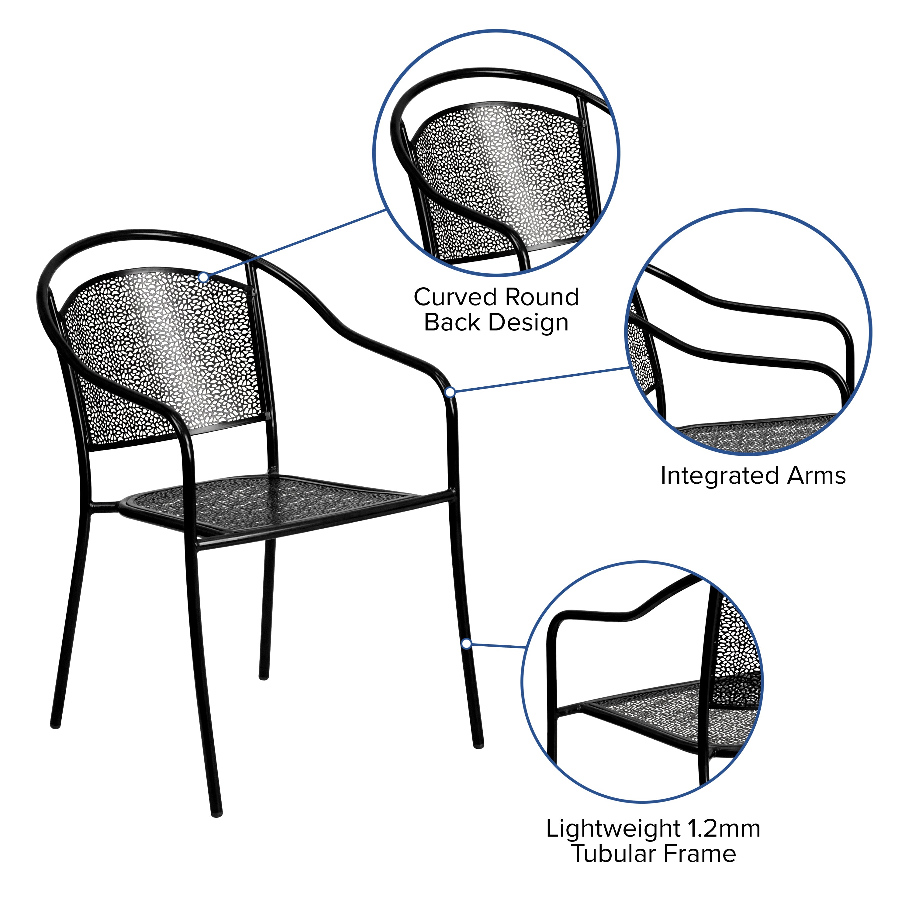 Oia Commercial Grade Black Indoor-Outdoor Steel Patio Arm Chair with Round Back