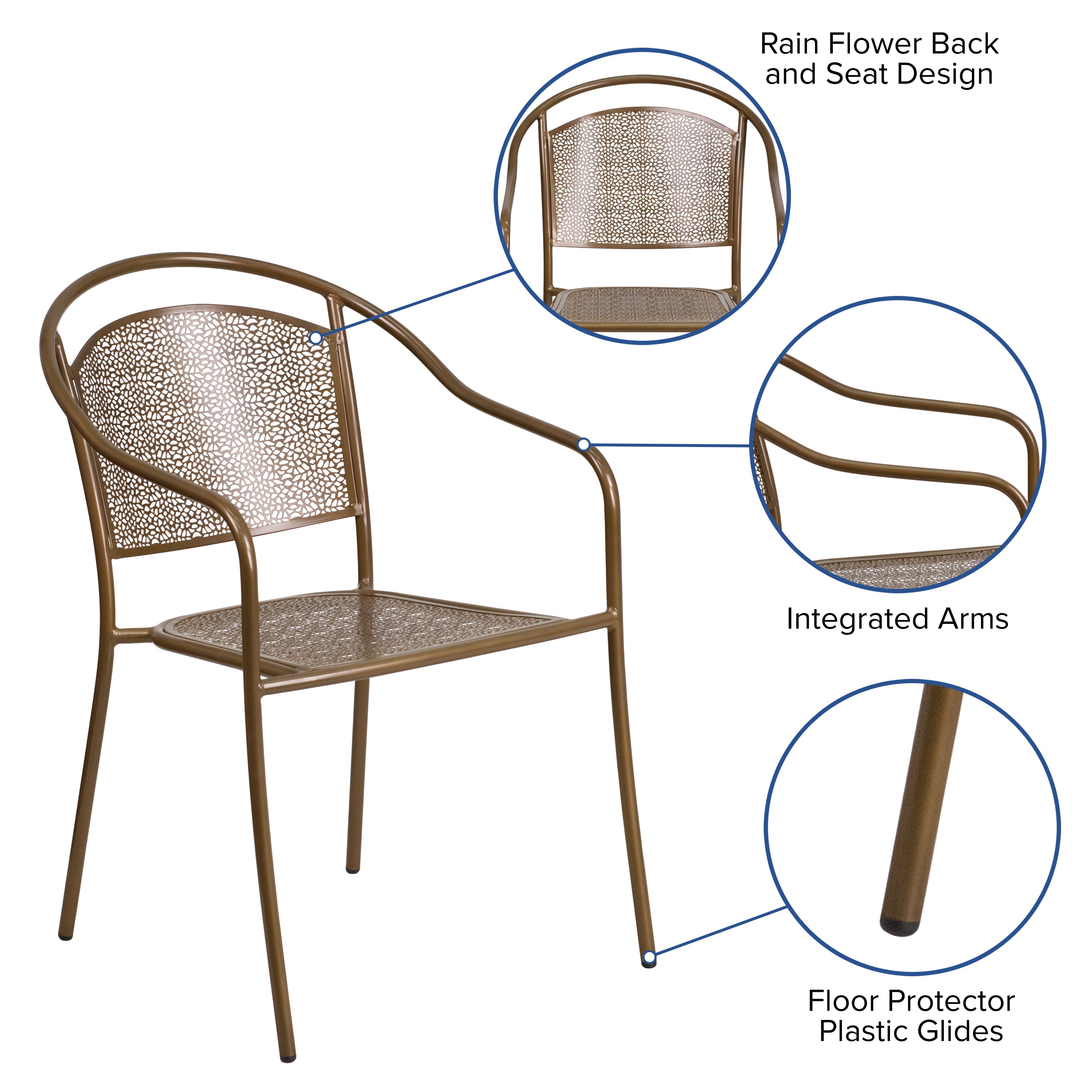 Oia Commercial Grade Gold Indoor-Outdoor Steel Patio Arm Chair with Round Back
