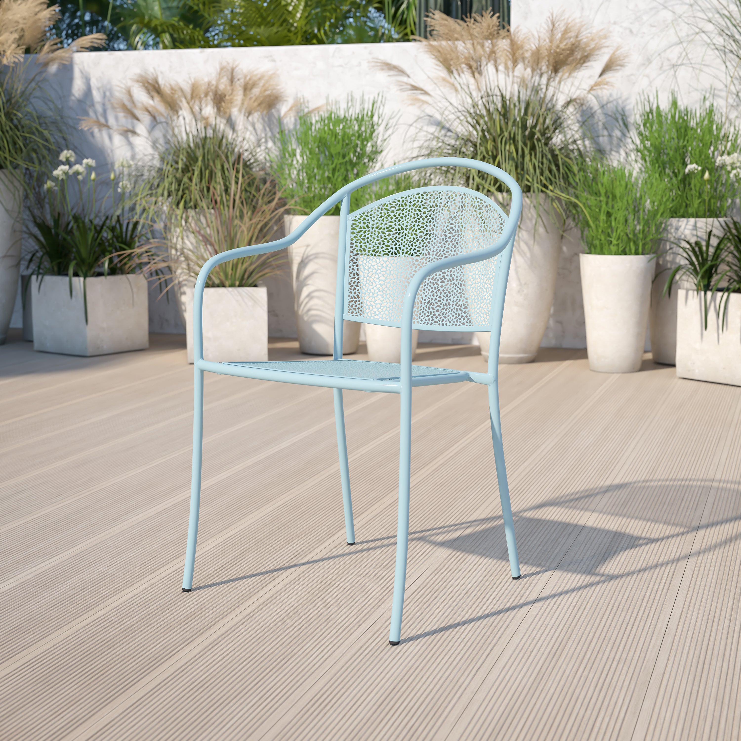 Oia Commercial Grade Sky Blue Indoor-Outdoor Steel Patio Arm Chair with Round Back