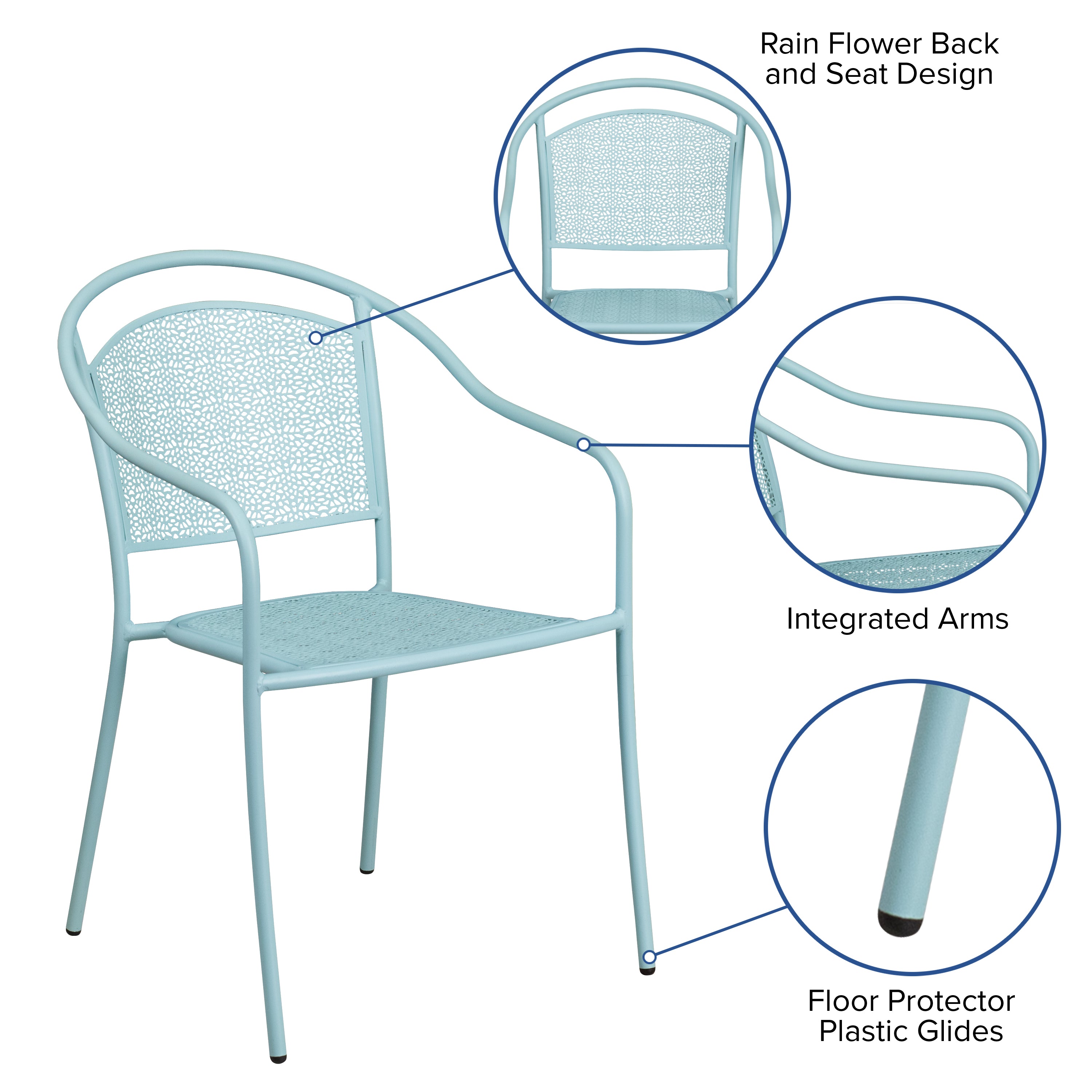Oia Commercial Grade Sky Blue Indoor-Outdoor Steel Patio Arm Chair with Round Back
