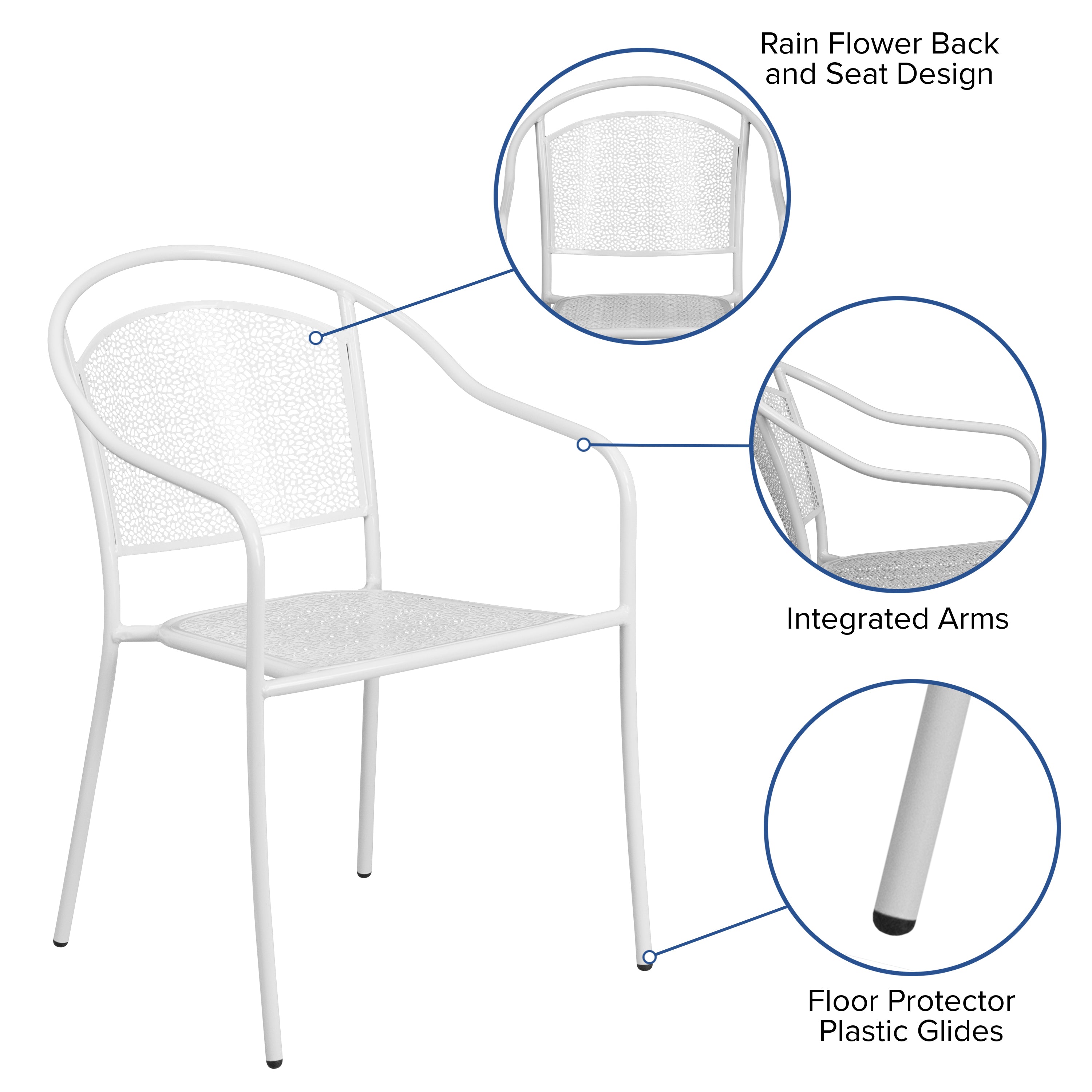 Oia Commercial Grade White Indoor-Outdoor Steel Patio Arm Chair with Round Back