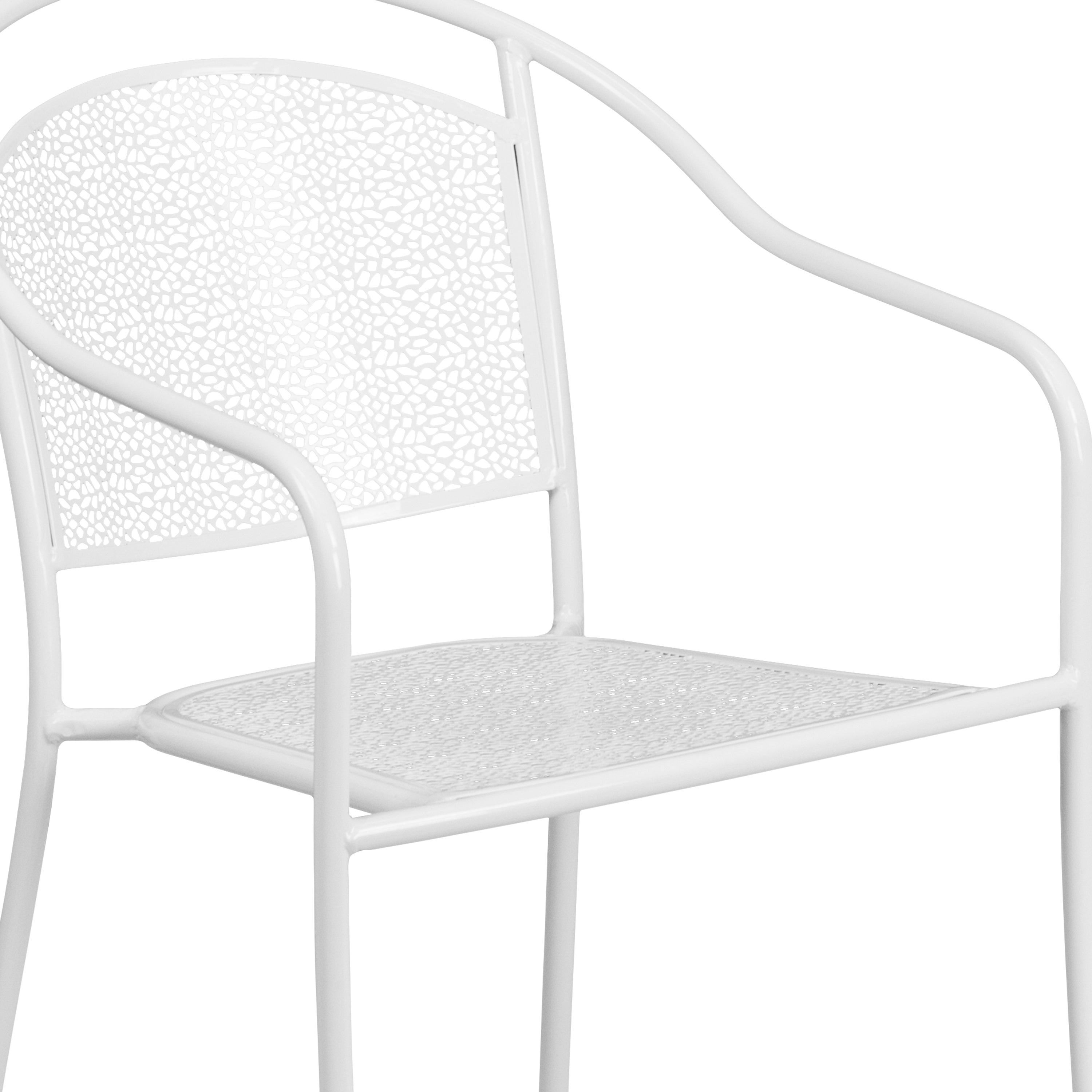 Oia Commercial Grade White Indoor-Outdoor Steel Patio Arm Chair with Round Back