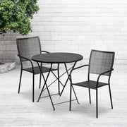 Oia Commercial Grade 30" Round Black Indoor-Outdoor Steel Folding Patio Table Set with 2 Square Back Chairs