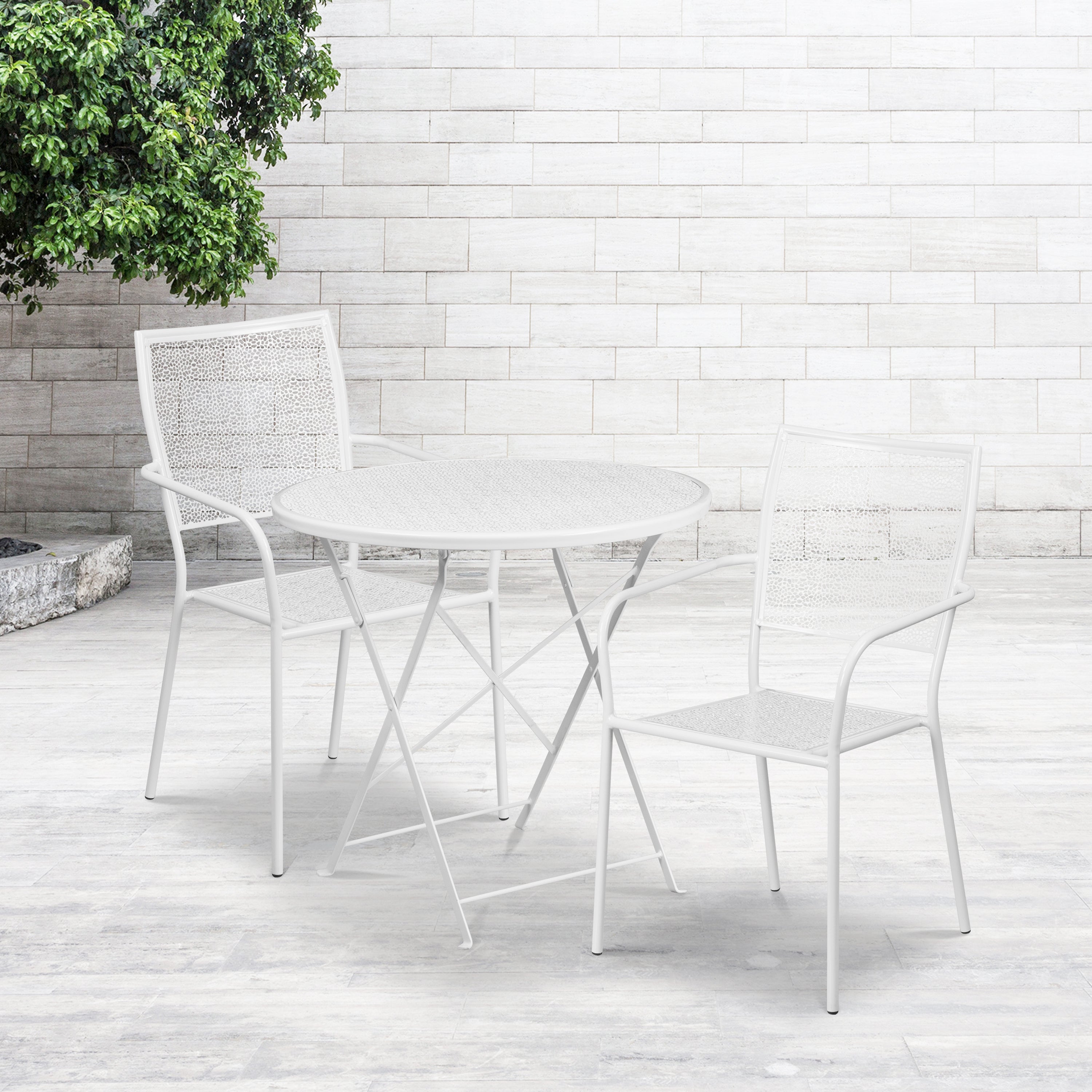 Oia Commercial Grade 30" Round White Indoor-Outdoor Steel Folding Patio Table Set with 2 Square Back Chairs