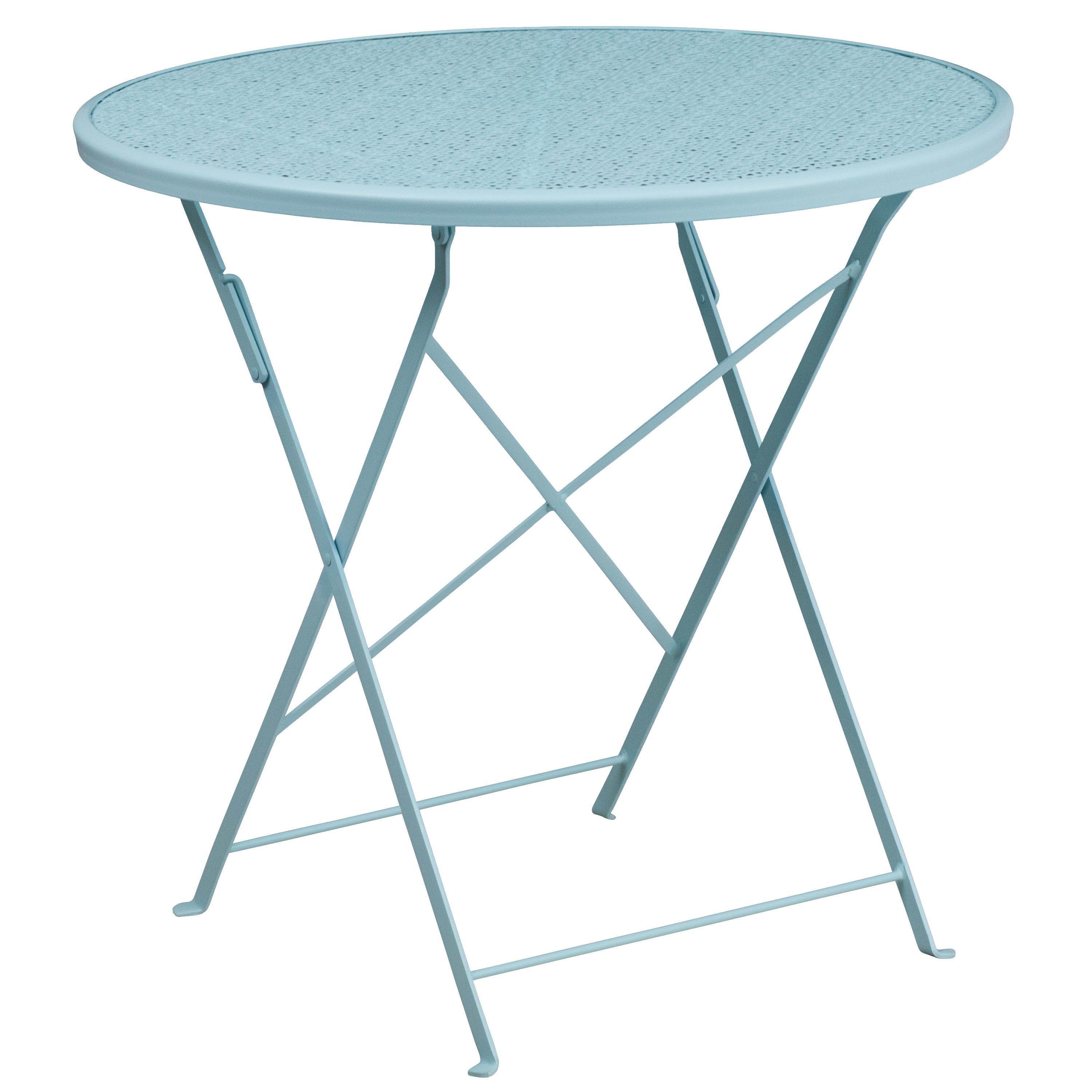 Oia Commercial Grade 30" Round Sky Blue Indoor-Outdoor Steel Folding Patio Table Set with 4 Square Back Chairs