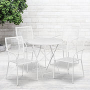 Oia Commercial Grade 30" Round White Indoor-Outdoor Steel Folding Patio Table Set with 4 Square Back Chairs