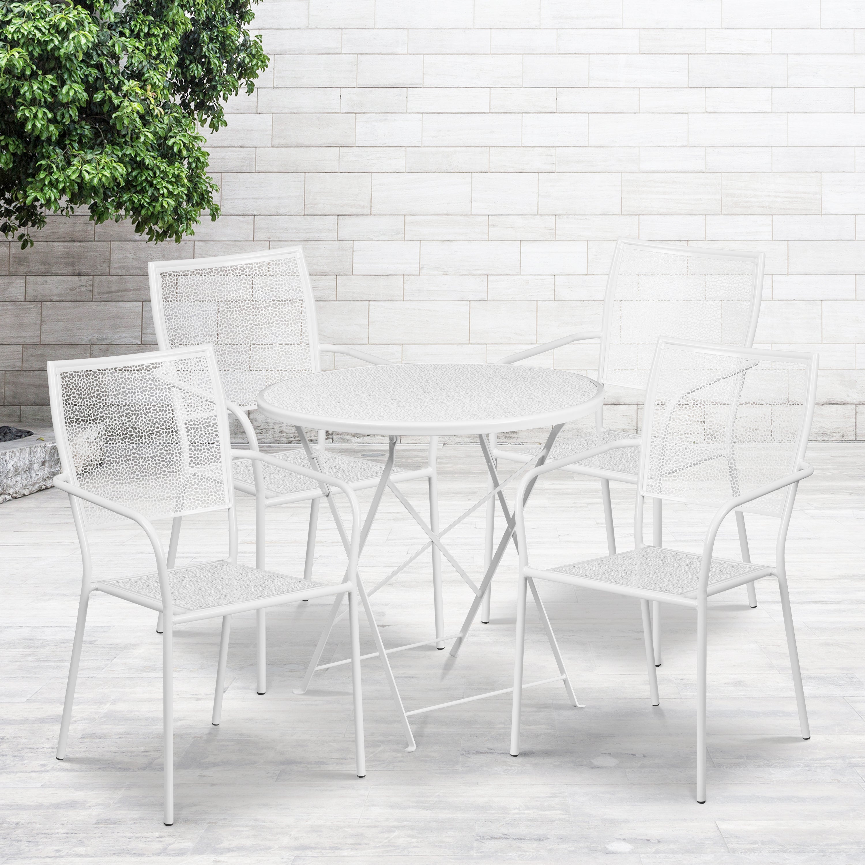 Oia Commercial Grade 30" Round White Indoor-Outdoor Steel Folding Patio Table Set with 4 Square Back Chairs