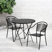 Oia Commercial Grade 30" Round Black Indoor-Outdoor Steel Folding Patio Table Set with 2 Round Back Chairs
