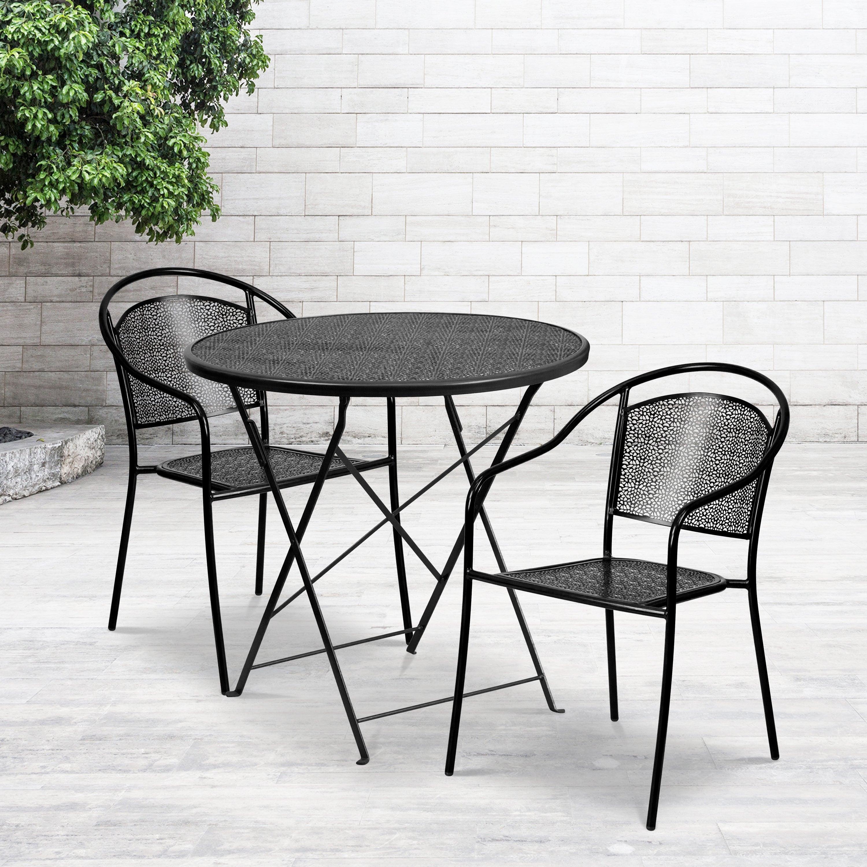 Oia Commercial Grade 30" Round Black Indoor-Outdoor Steel Folding Patio Table Set with 2 Round Back Chairs