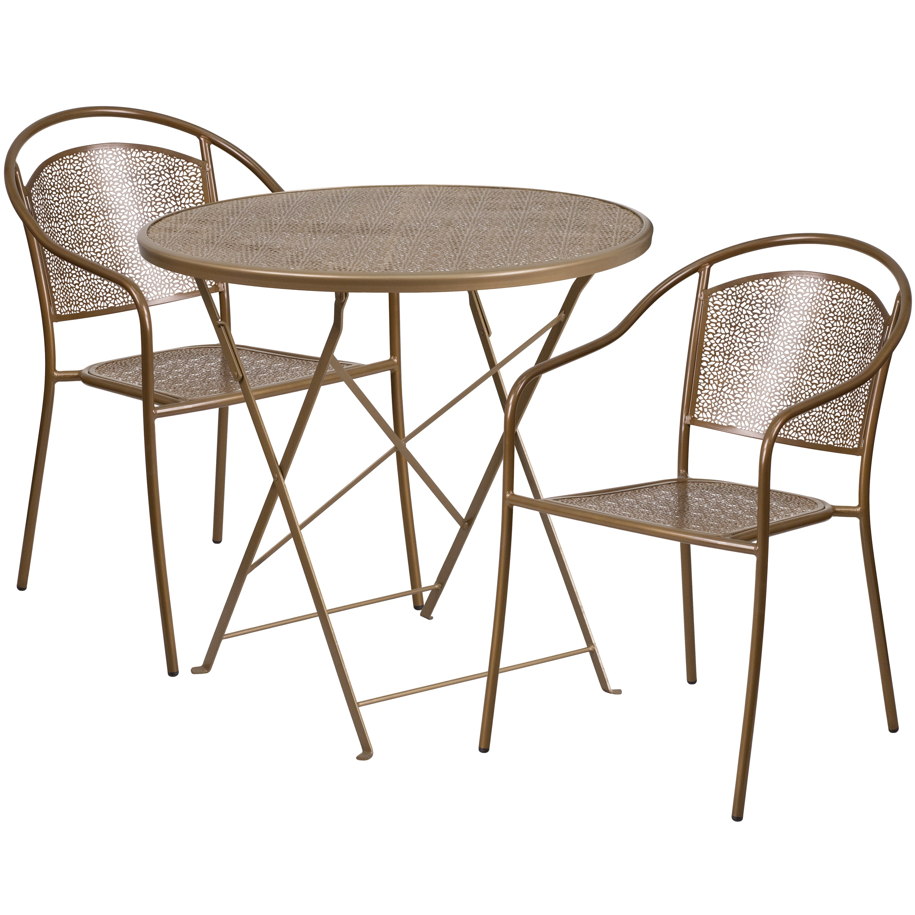 Oia Commercial Grade 30" Round Gold Indoor-Outdoor Steel Folding Patio Table Set with 2 Round Back Chairs